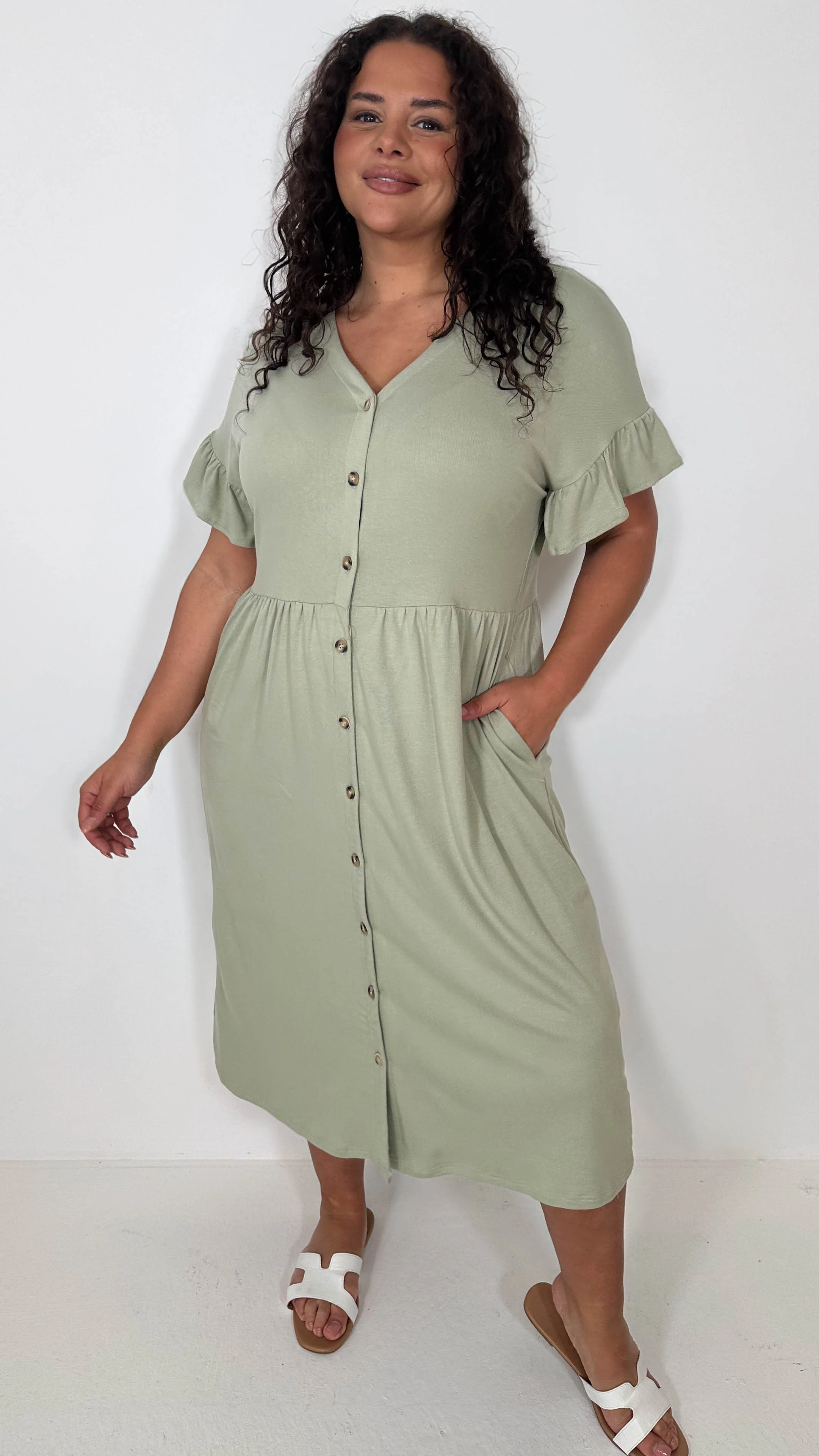 CurveWow Frill Sleeve Button Front Dress Light Khaki