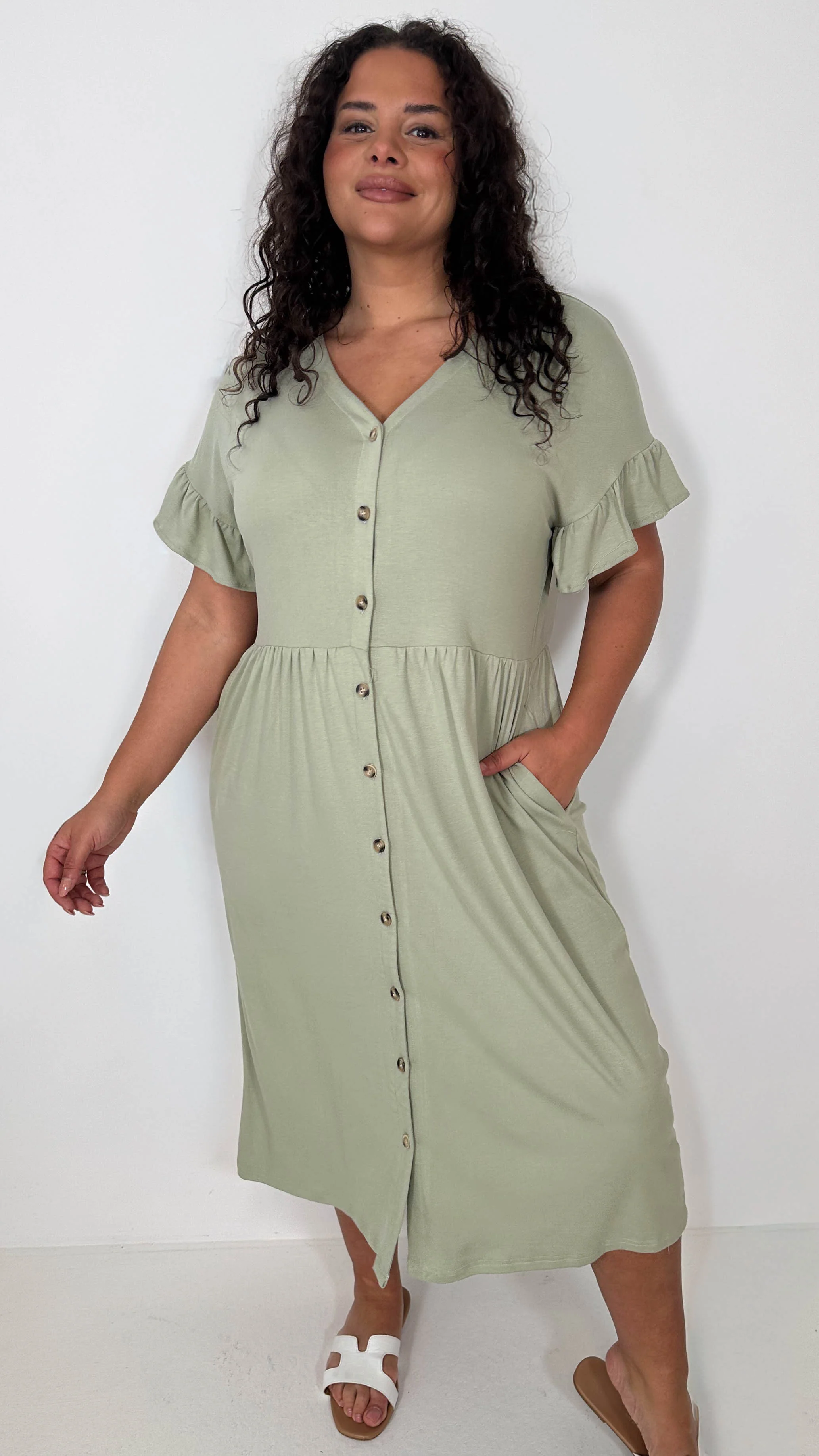 CurveWow Frill Sleeve Button Front Dress Light Khaki - Image 6