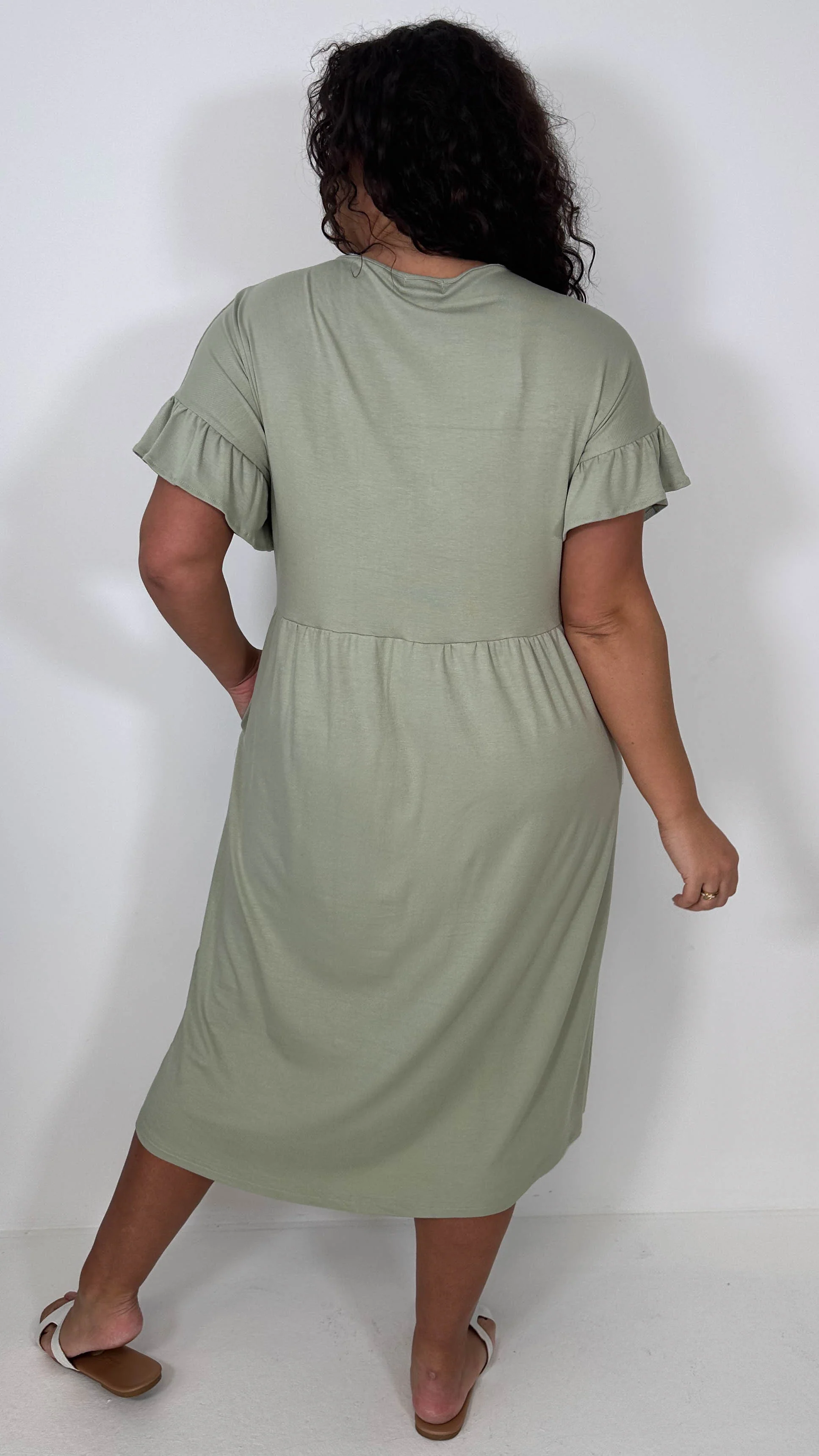 CurveWow Frill Sleeve Button Front Dress Light Khaki - Image 8