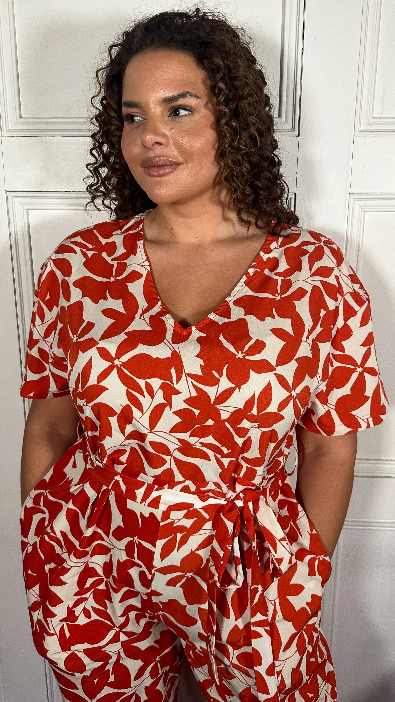 CurveWow V-Neck Tie Waist Jumpsuit Red/Orange - Image 4