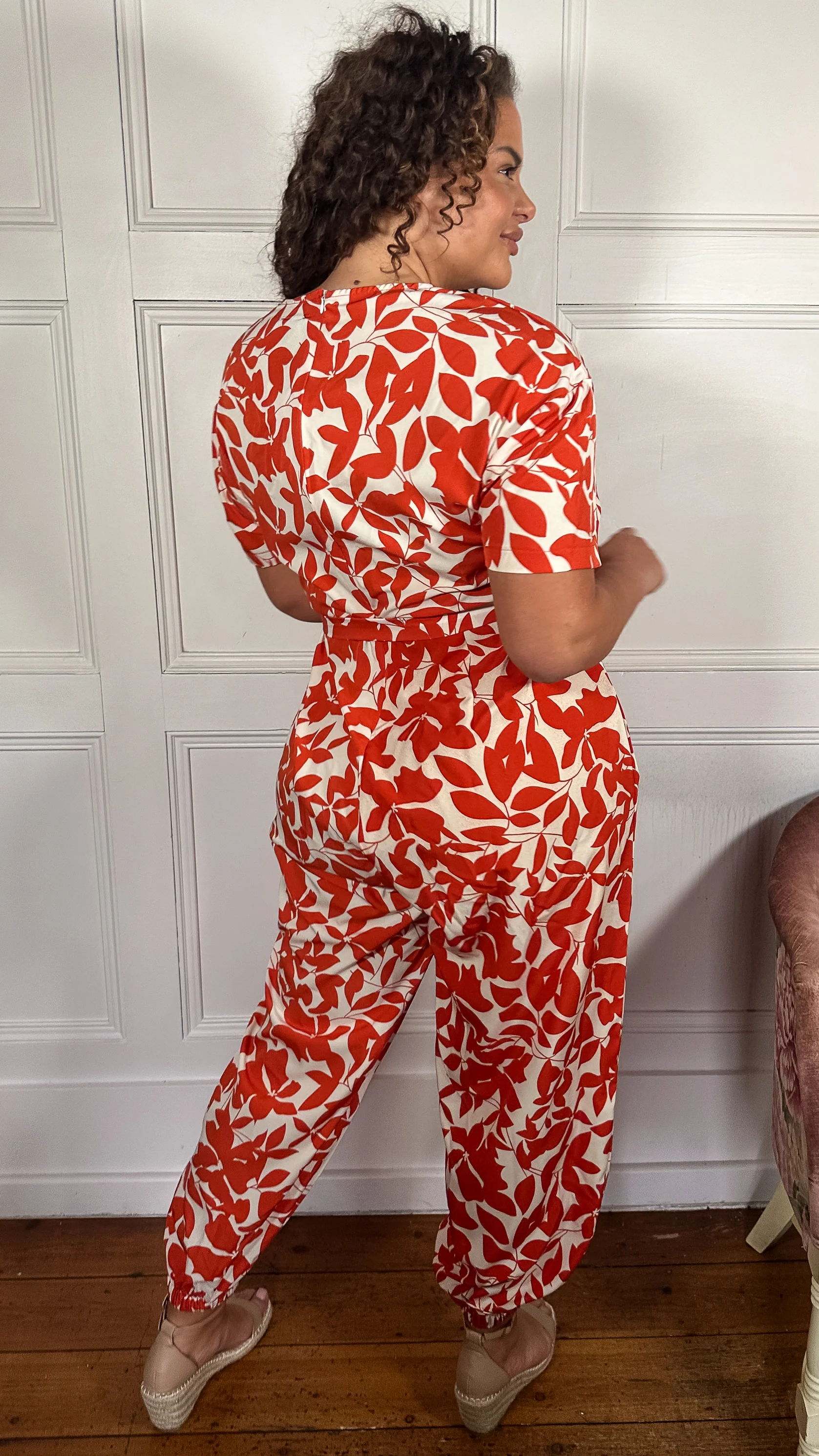 CurveWow V-Neck Tie Waist Jumpsuit Red/Orange - Image 9