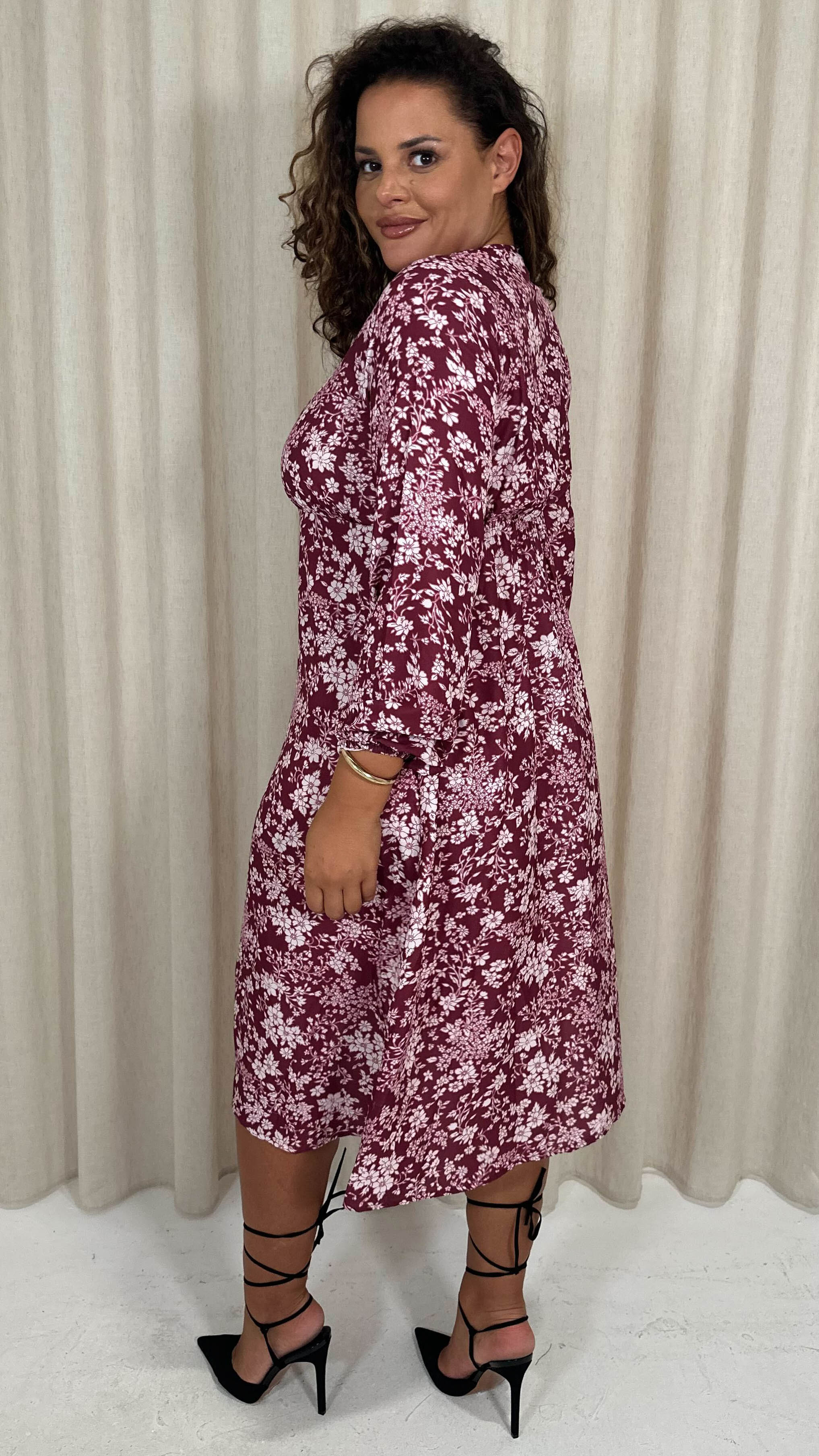 CurveWow V Neck Front Slit Midi Dress Wine Floral - Image 5