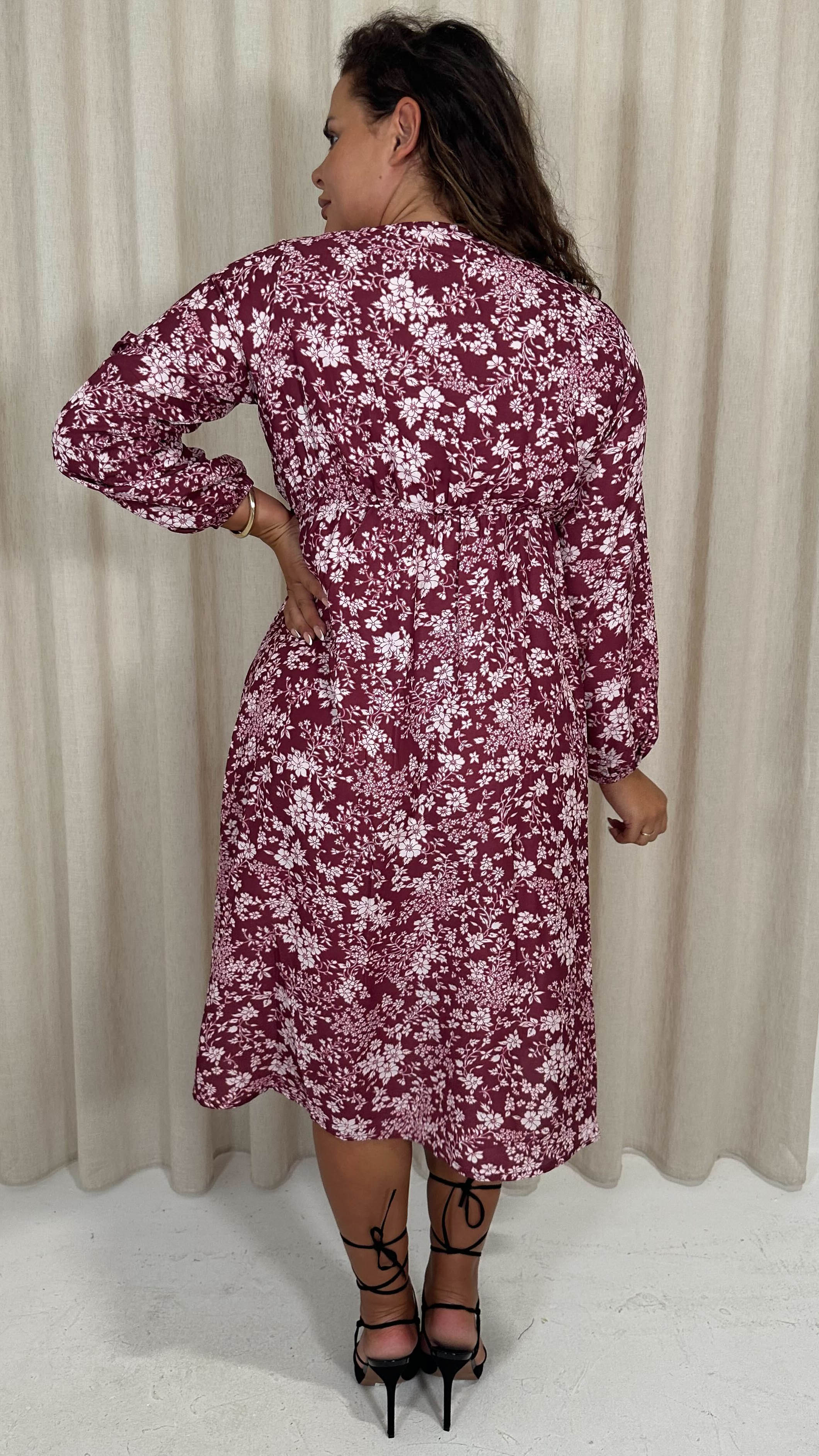 CurveWow V Neck Front Slit Midi Dress Wine Floral - Image 7