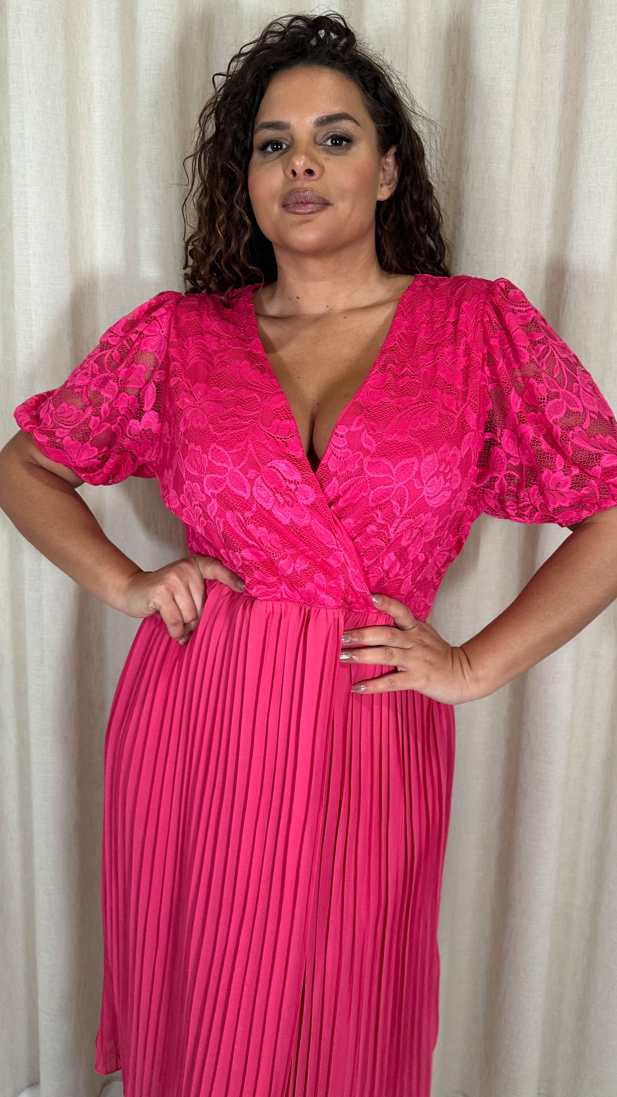 CurveWow V-Neck Lace Top Pleat Dress Fuchsia - Image 2