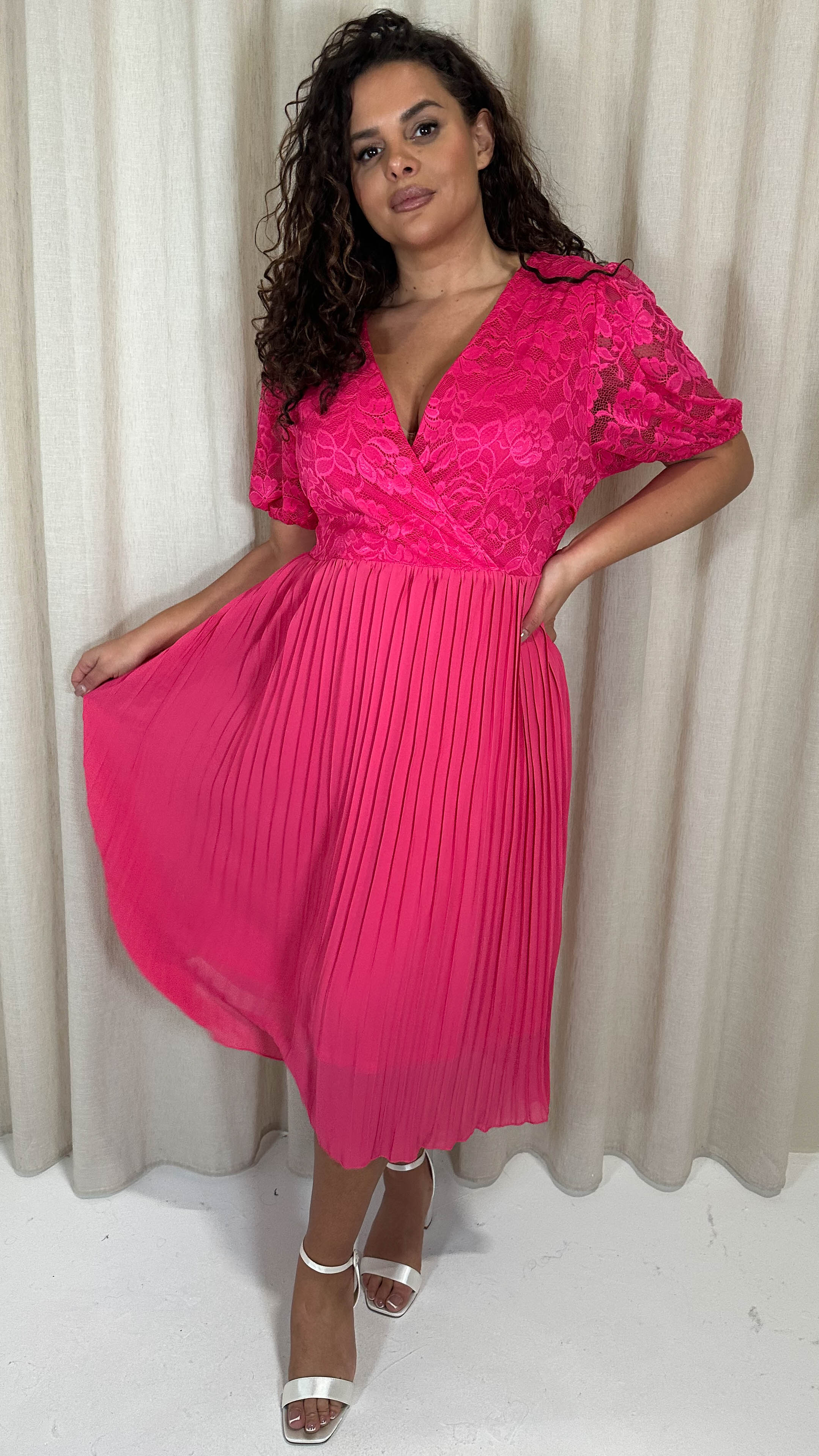 CurveWow V-Neck Lace Top Pleat Dress Fuchsia - Image 5