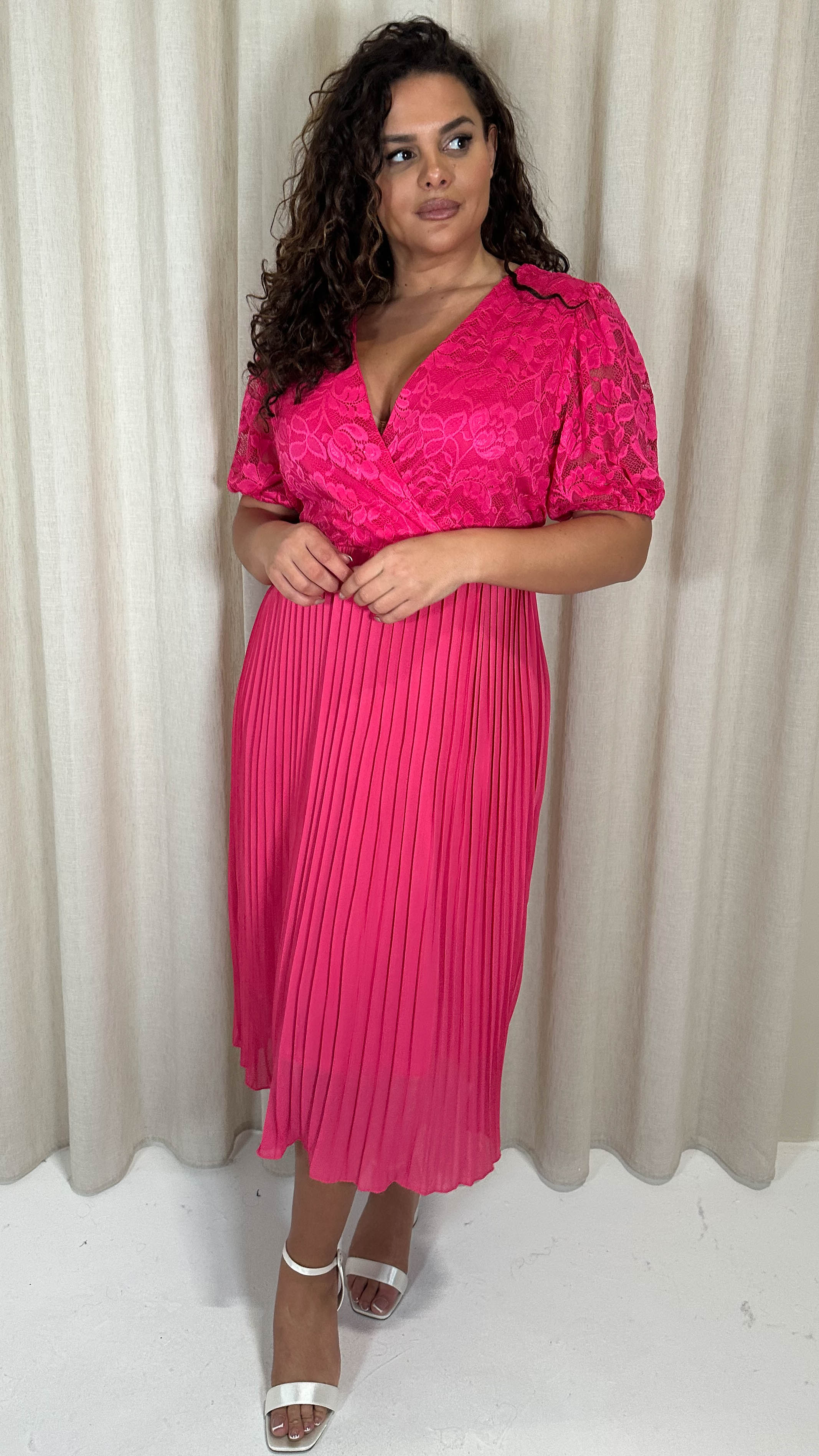 CurveWow V-Neck Lace Top Pleat Dress Fuchsia - Image 6