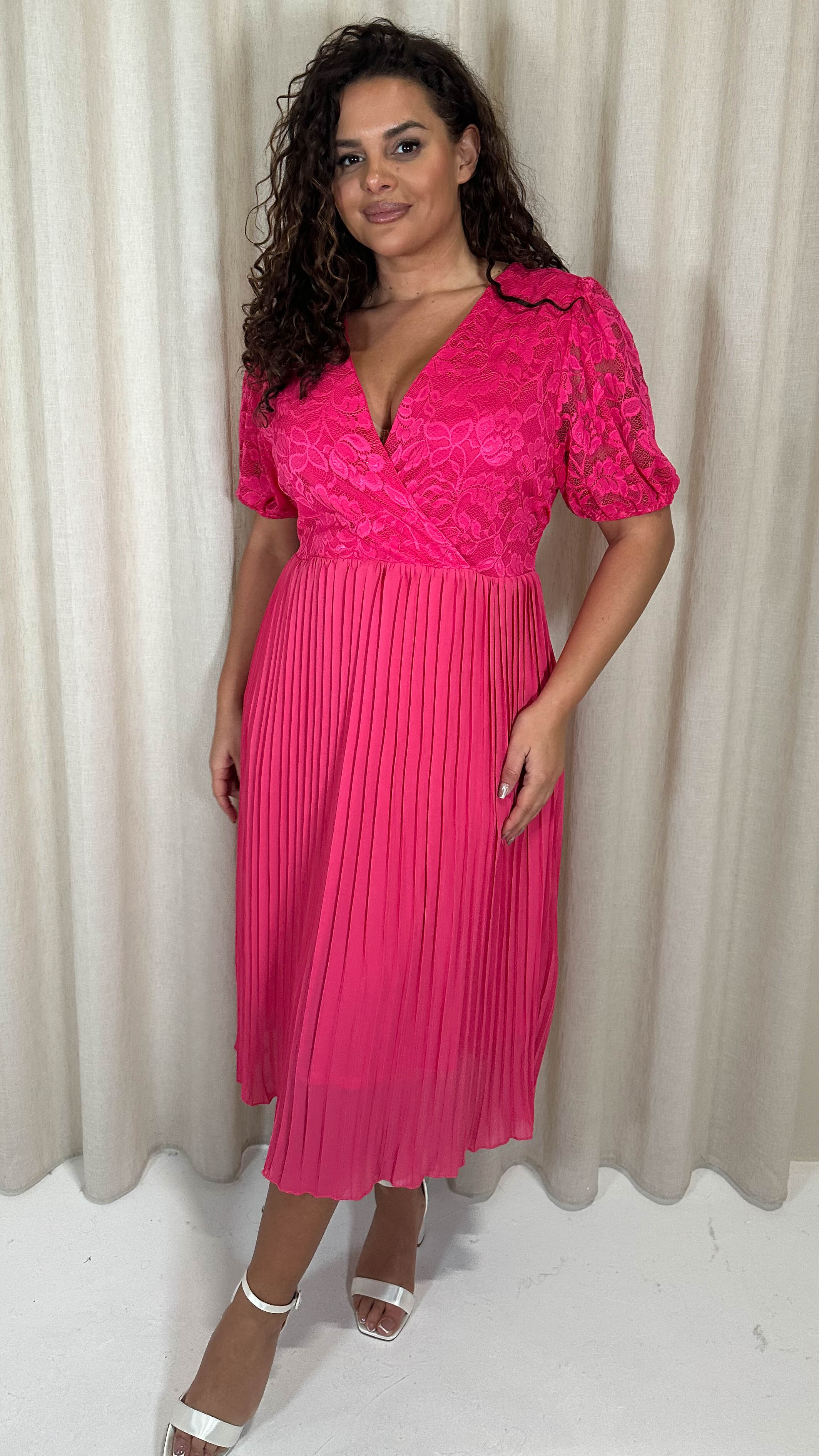 CurveWow V-Neck Lace Top Pleat Dress Fuchsia - Image 7