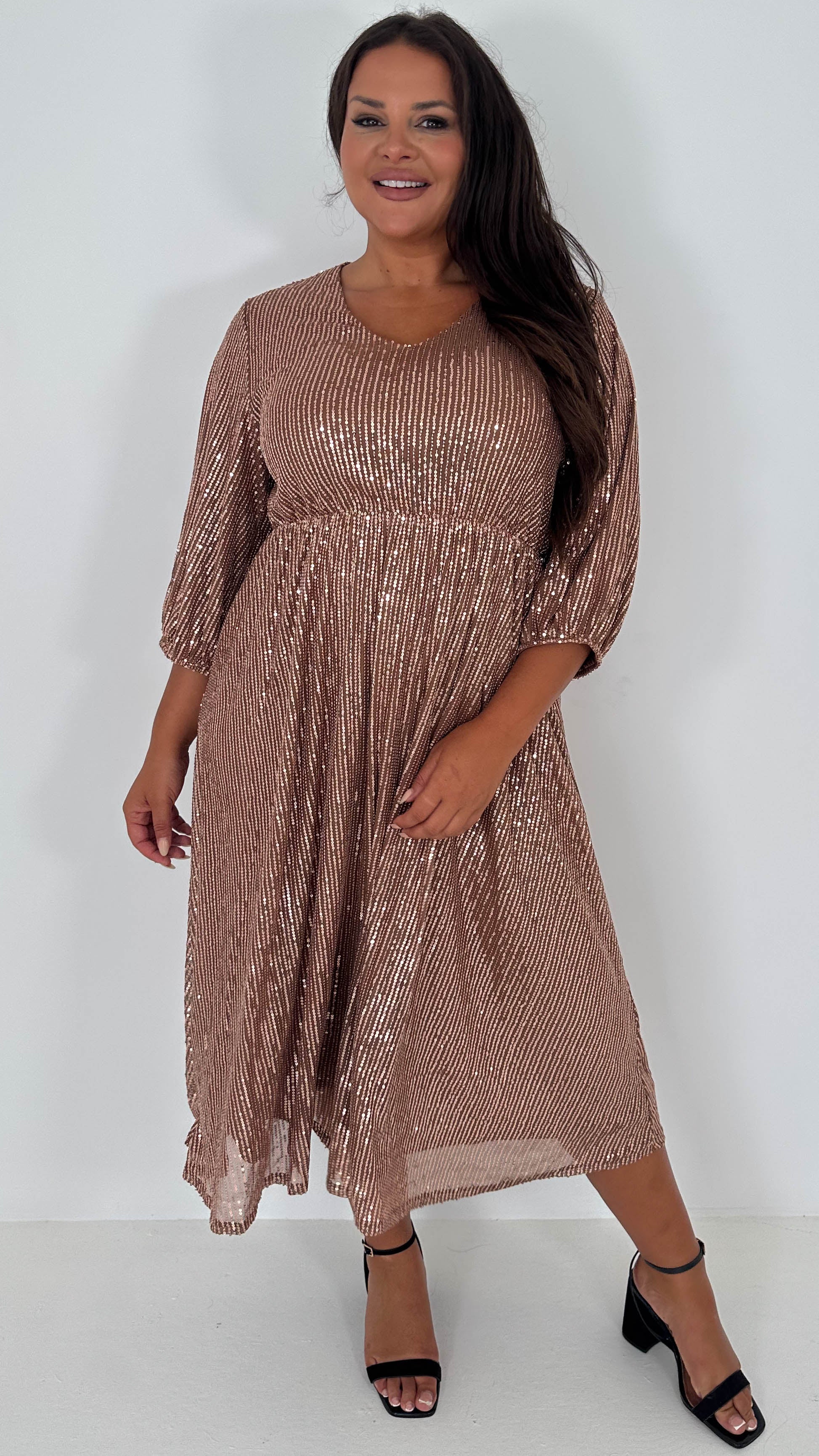 CurveWow V Neck Sequin Skater Dress Copper - Image 7