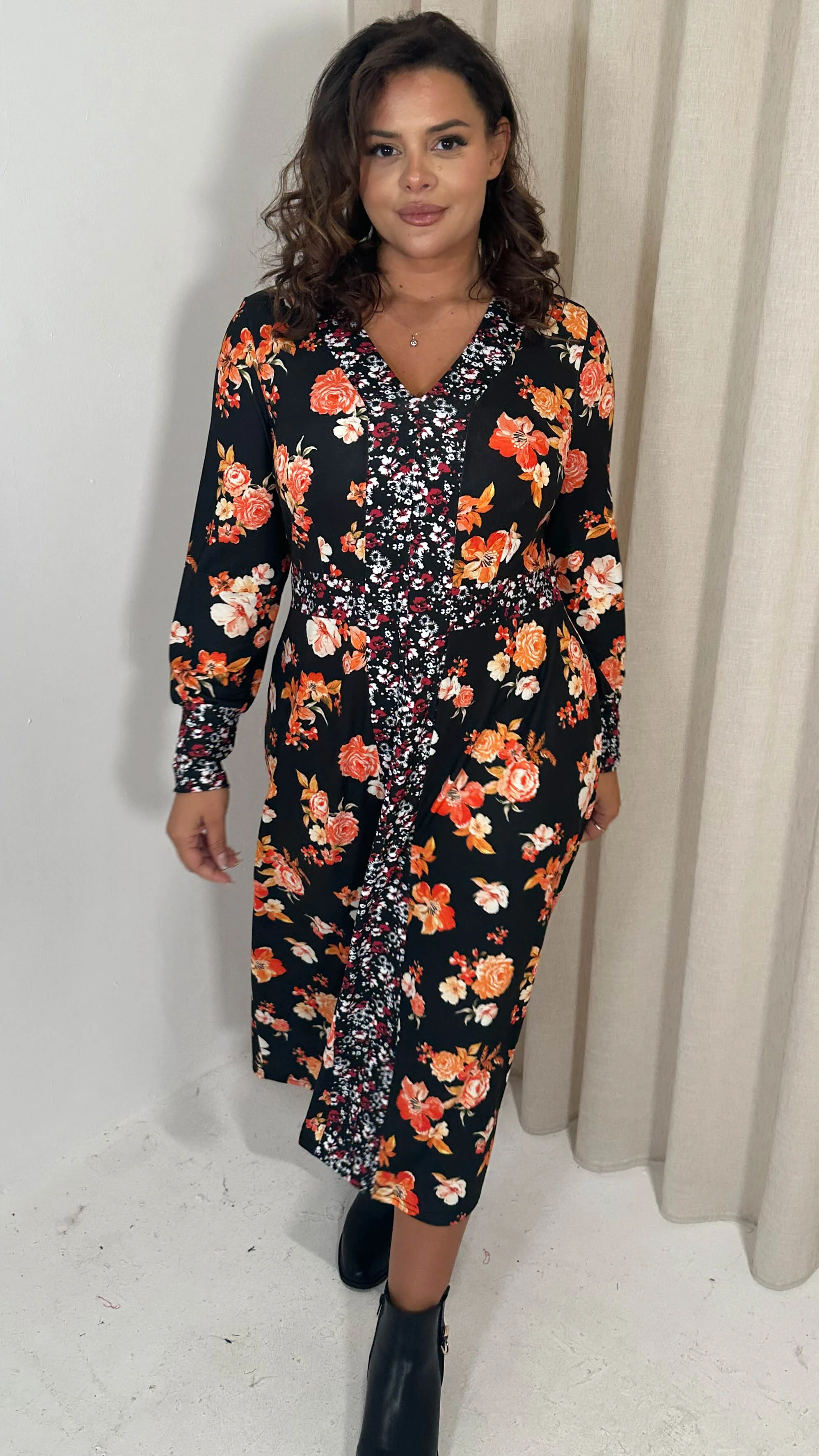 CurveWow V-Neck Spliced Floral Midi Dress Red & Orange Floral - Image 3