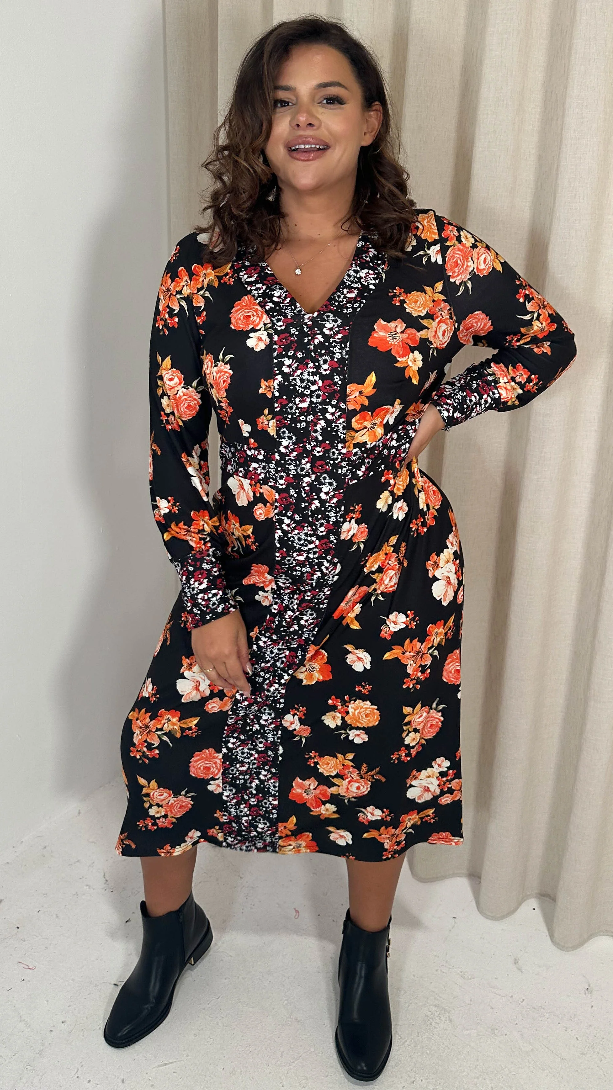 CurveWow V-Neck Spliced Floral Midi Dress Red & Orange Floral - Image 5