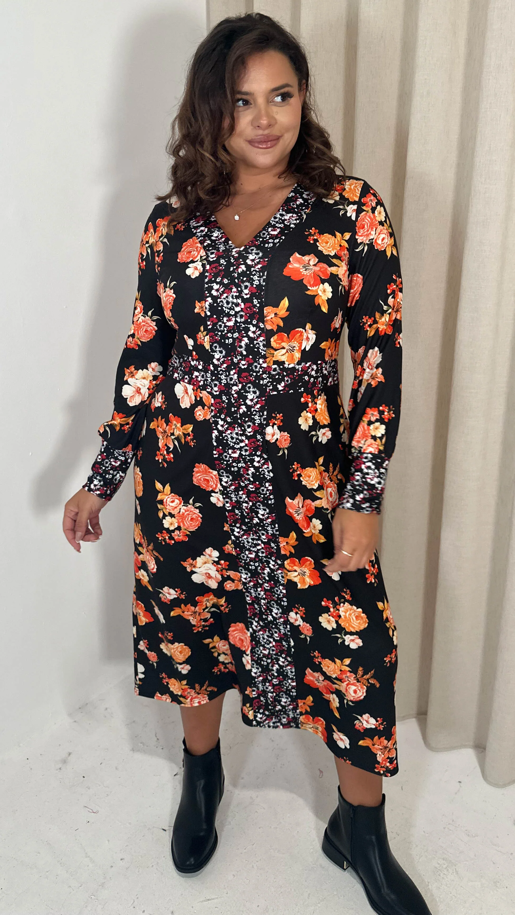 CurveWow V-Neck Spliced Floral Midi Dress Red & Orange Floral - Image 6