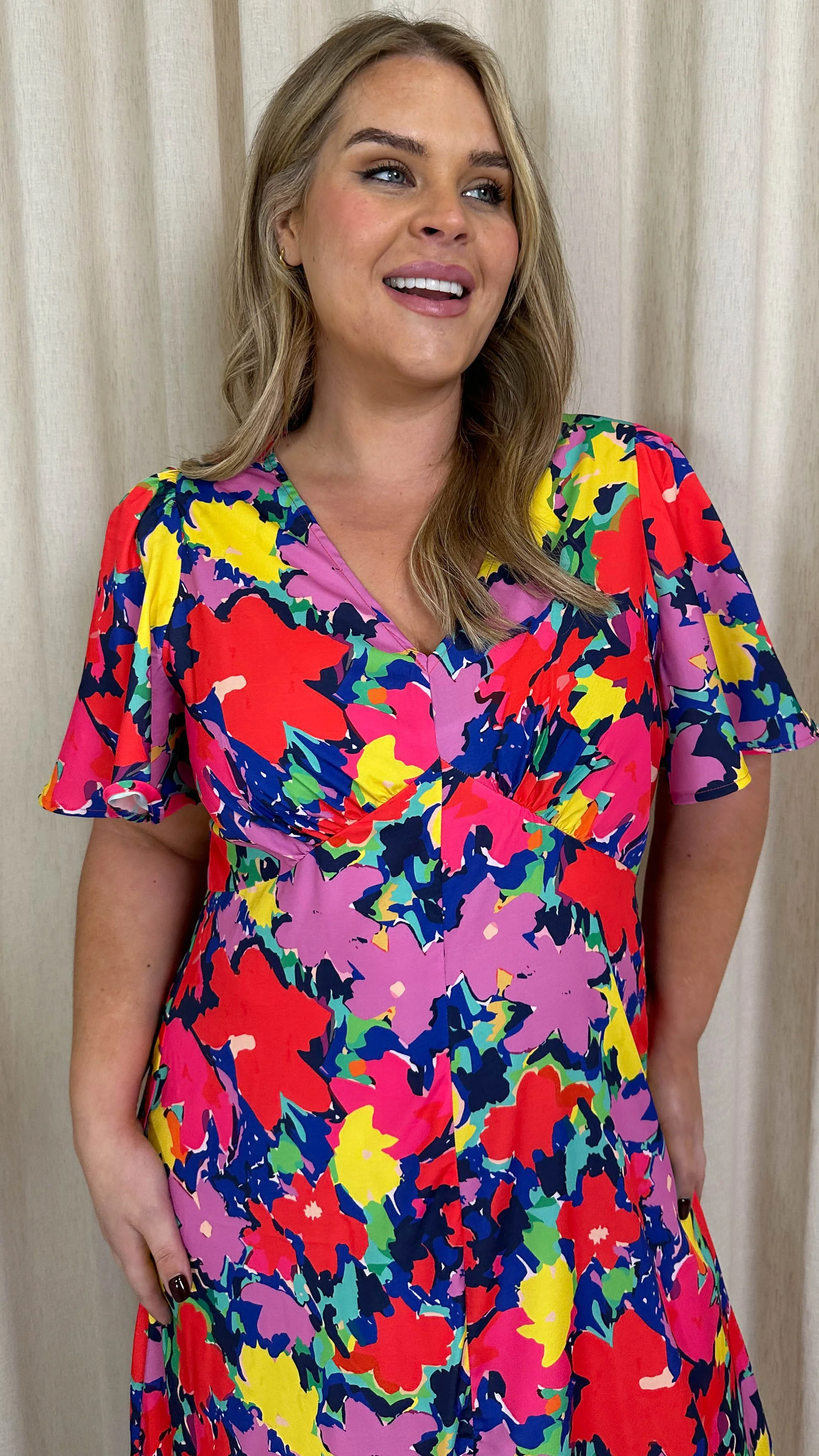 CurveWow V Neck Split Front Midaxi Dress Multi - Image 3