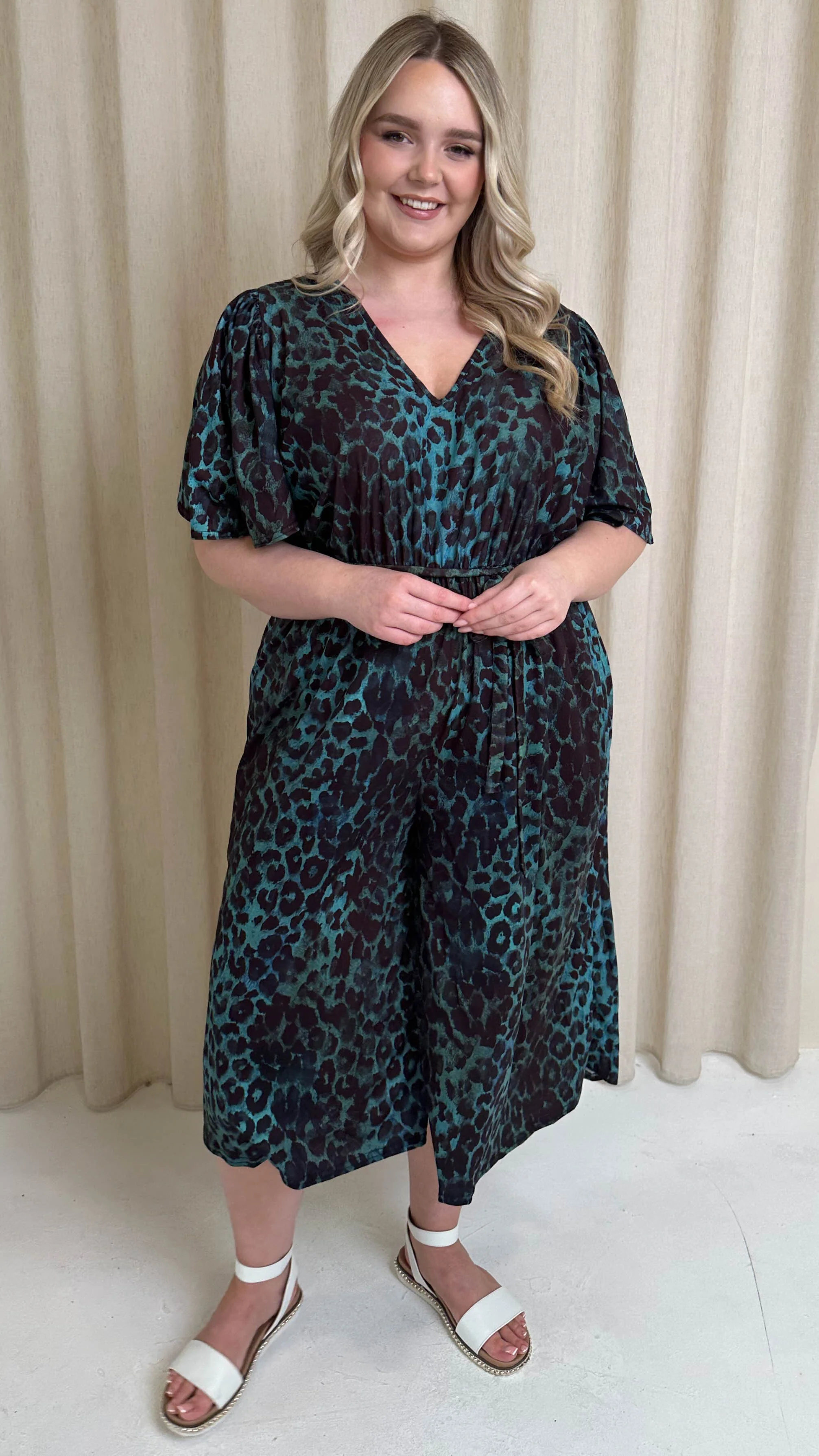 CurveWow V Neck Tie Waist Culotte Jumpsuit Green Animal - Image 3