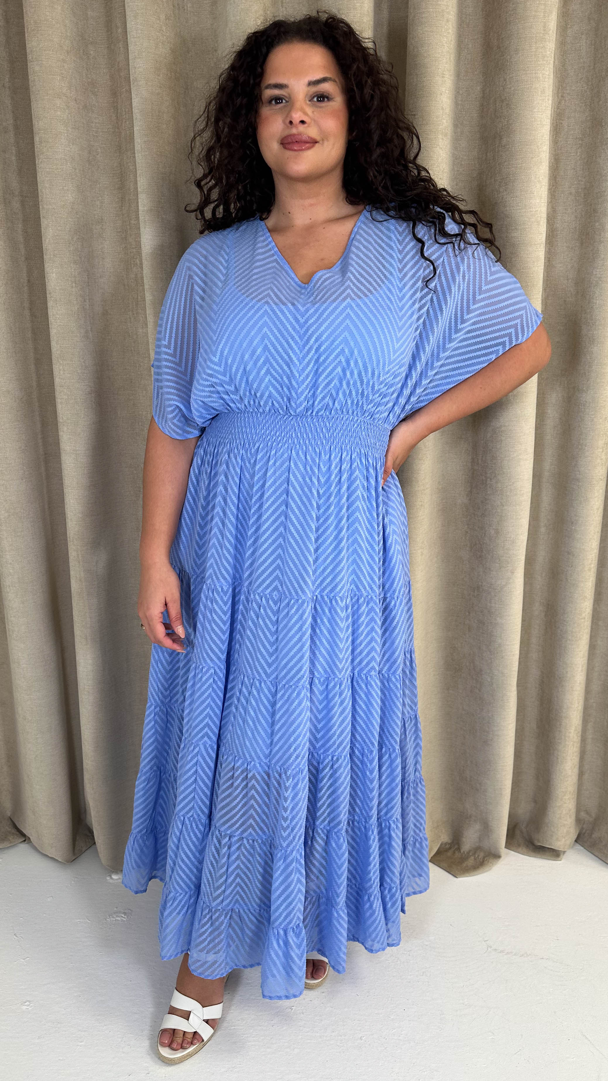 CurveWow V Neck Shirred Waist Maxi Dress Blue - Image 5