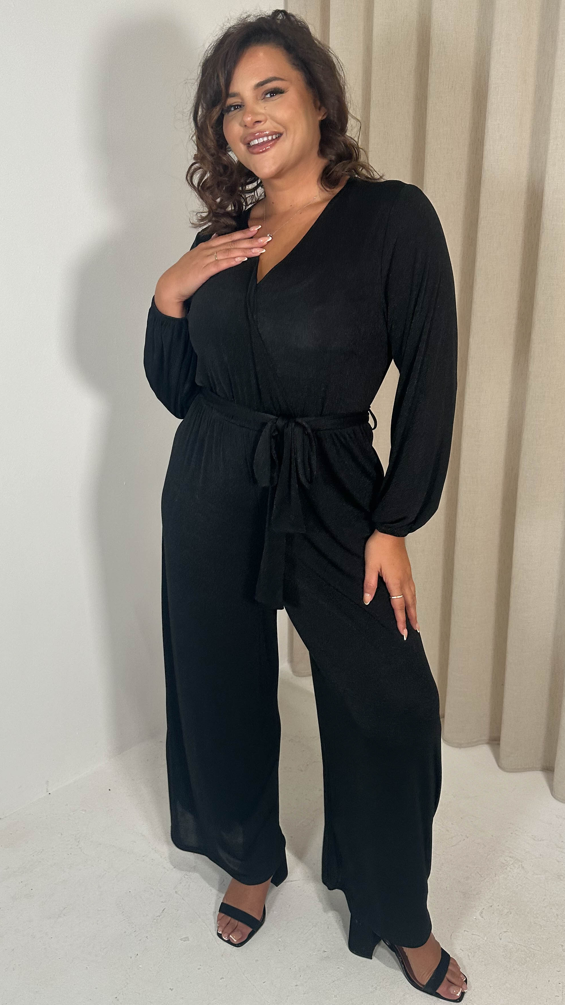 CurveWow V Neck Wrap Jumpsuit Black - Image 5