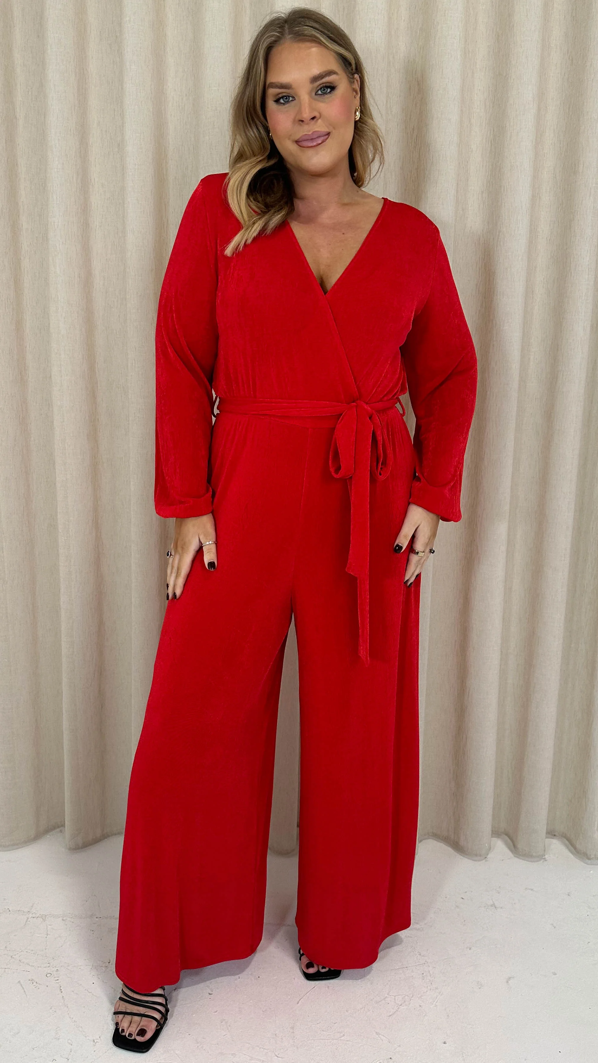 CurveWow V Neck Wrap Jumpsuit Red - Image 2