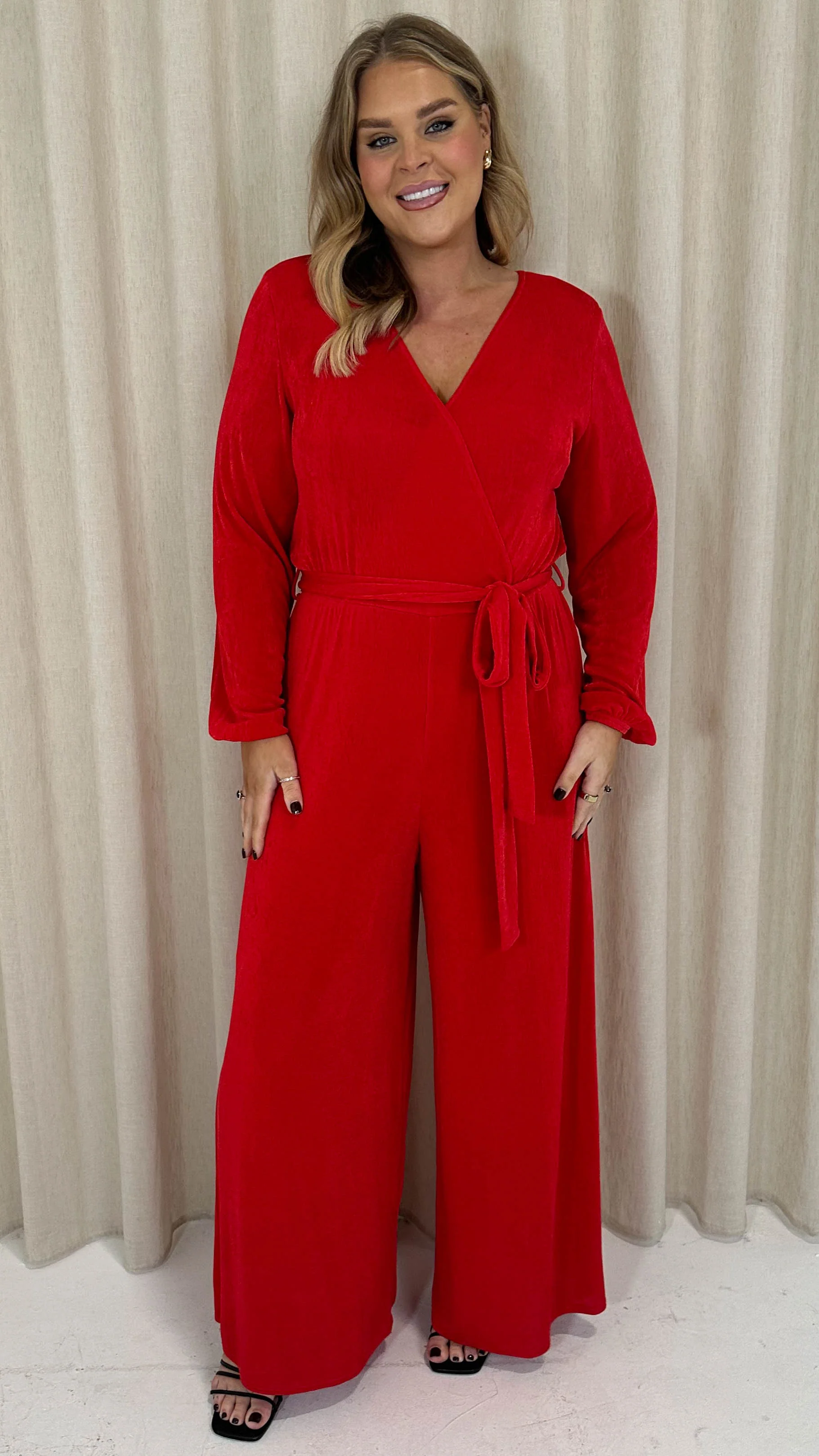 CurveWow V Neck Wrap Jumpsuit Red - Image 3