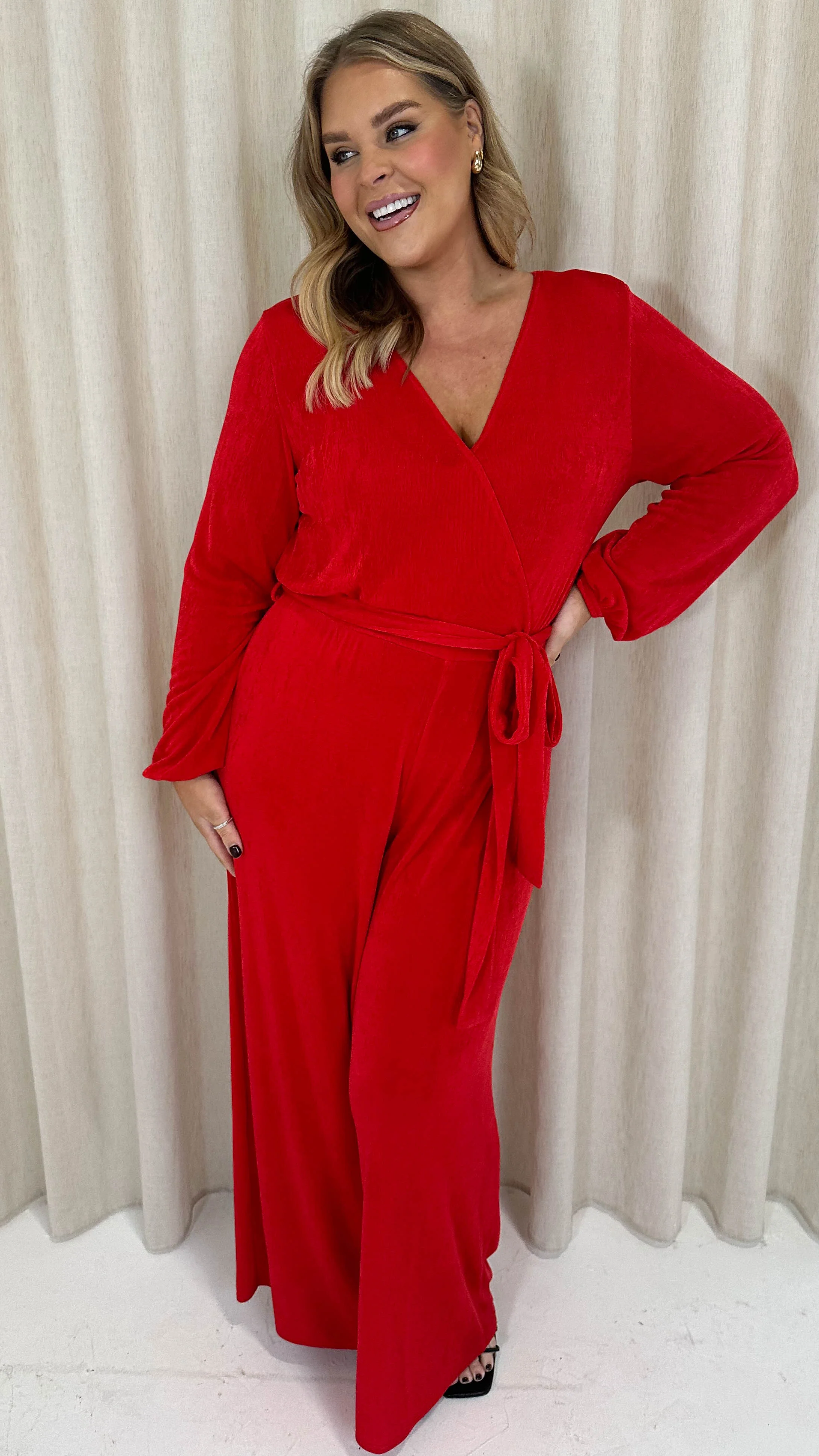 CurveWow V Neck Wrap Jumpsuit Red - Image 4