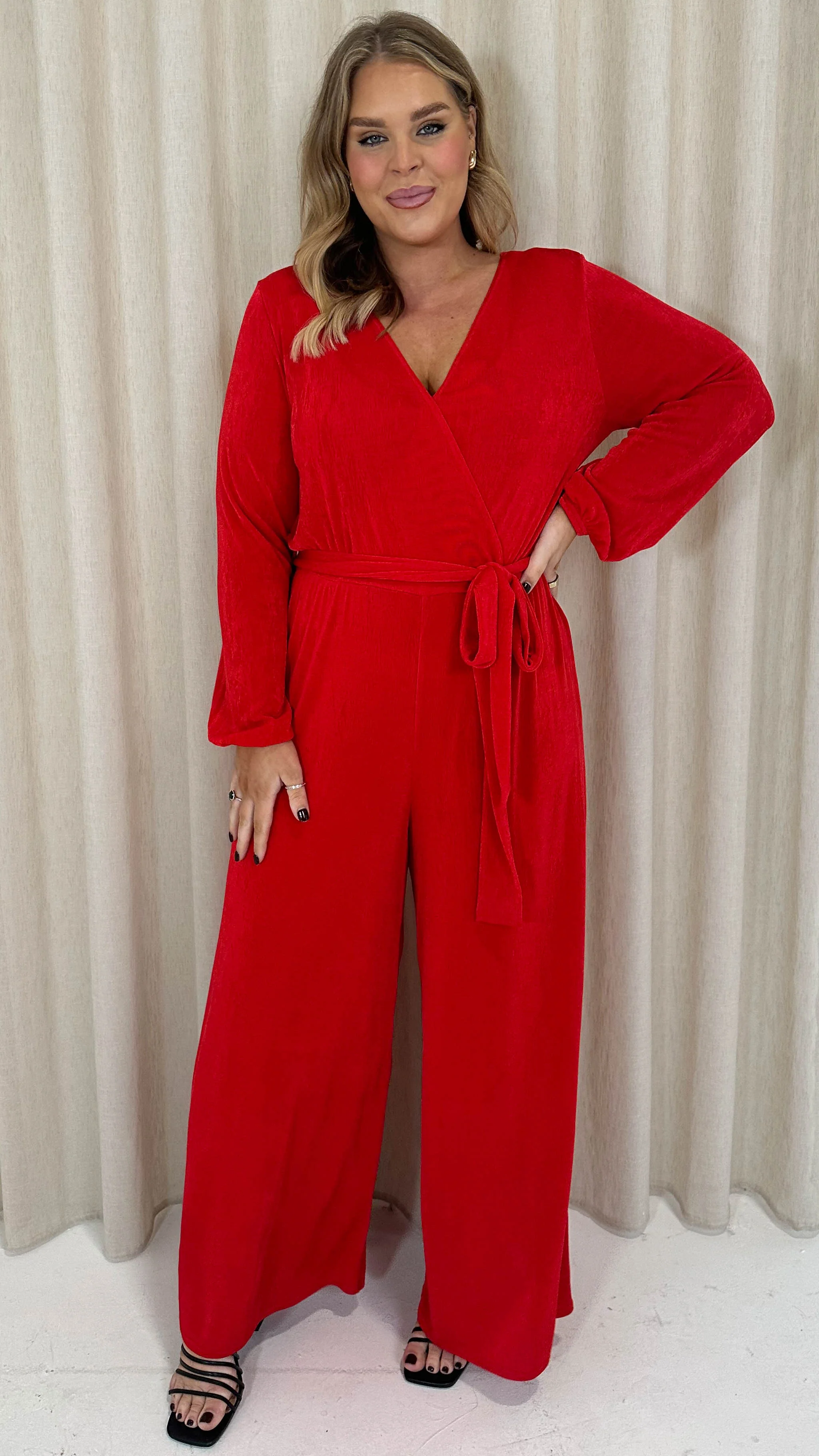 CurveWow V Neck Wrap Jumpsuit Red - Image 5