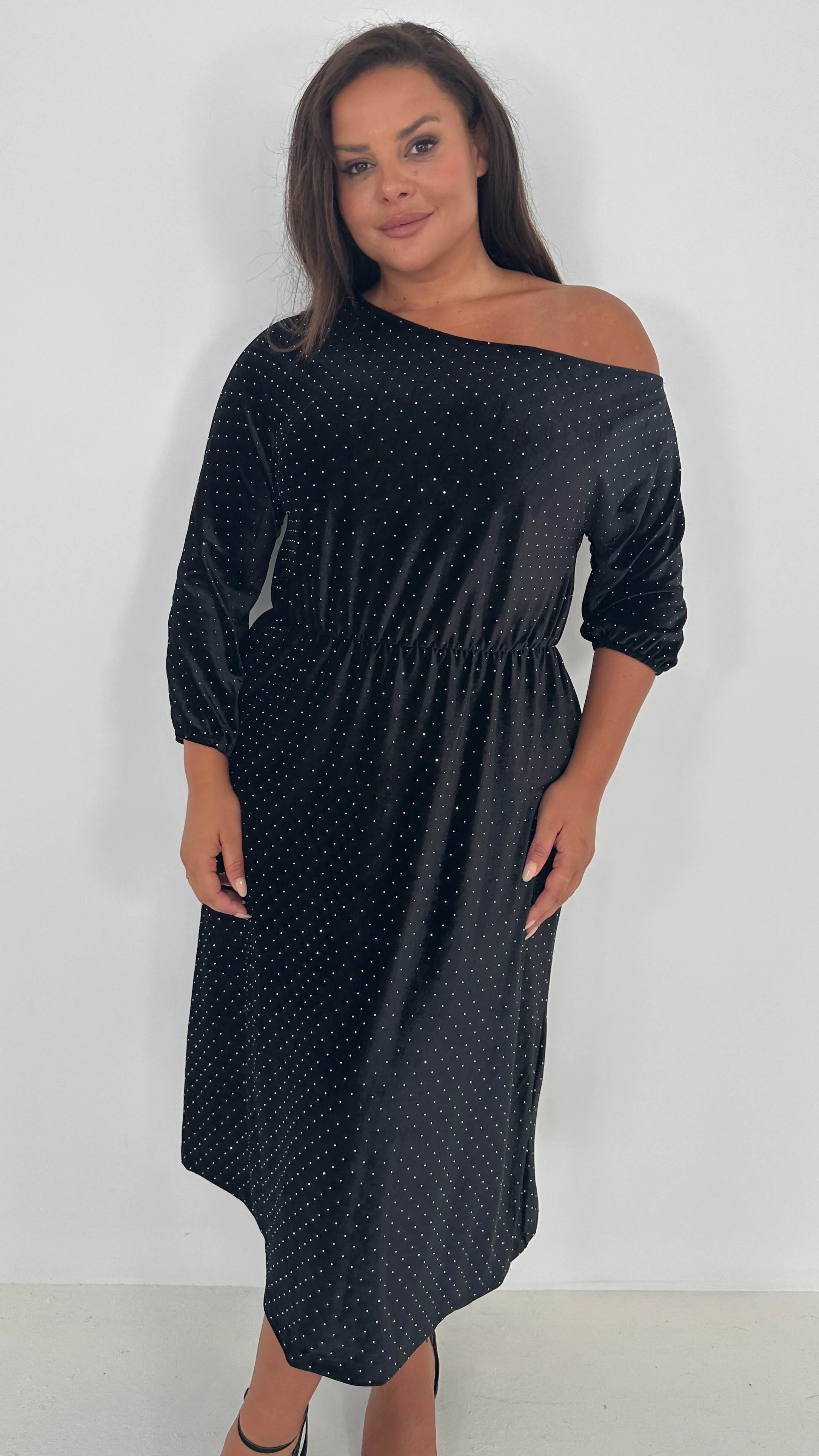 CurveWow Velvet Off The Shoulder Midi Dress Black - Image 3