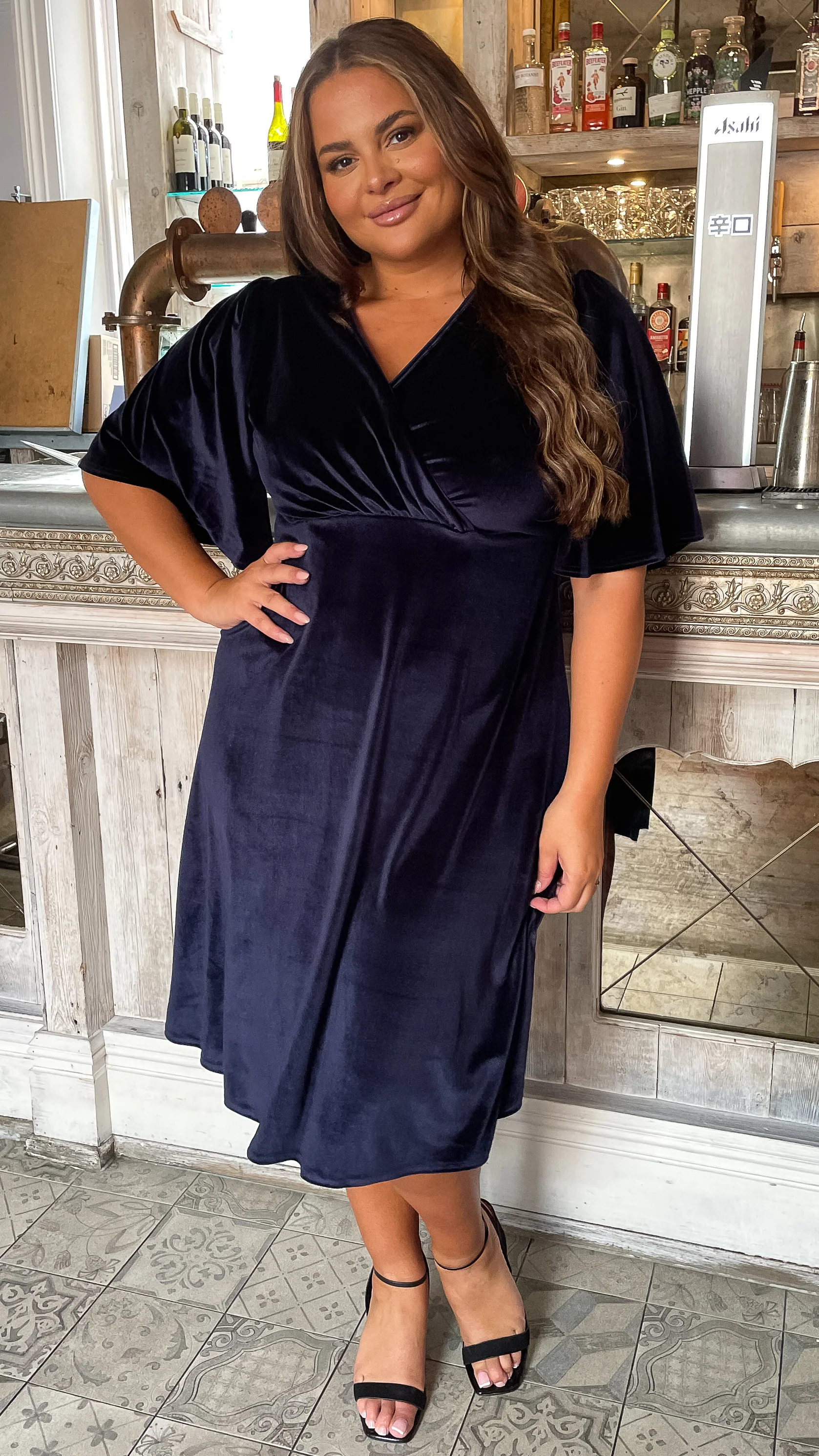 CurveWow Velvet Wrap Dress Navy - Image 6