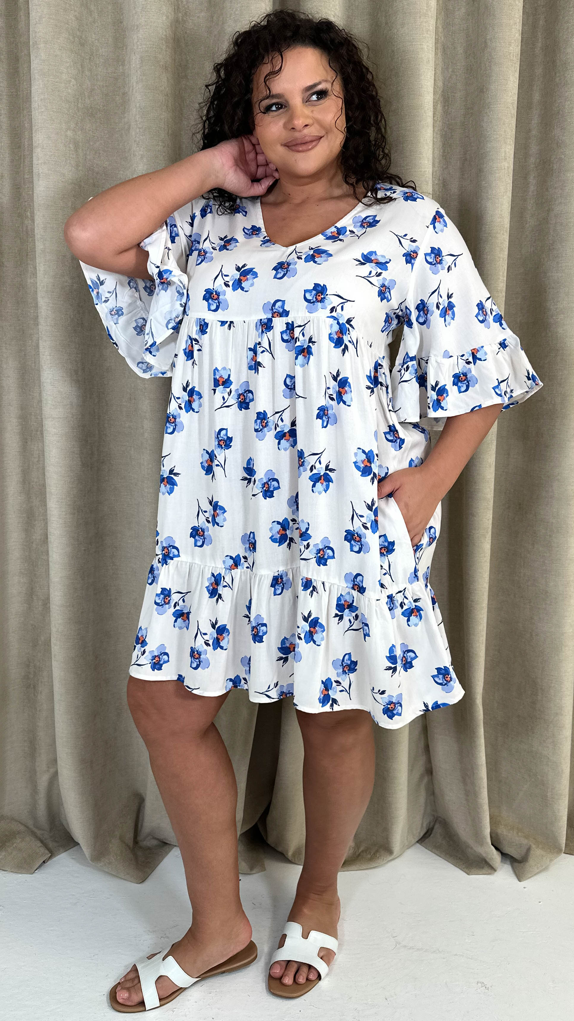 CurveWow Vneck Frill Sleeve Smock Dress Ivory Floral - Image 4