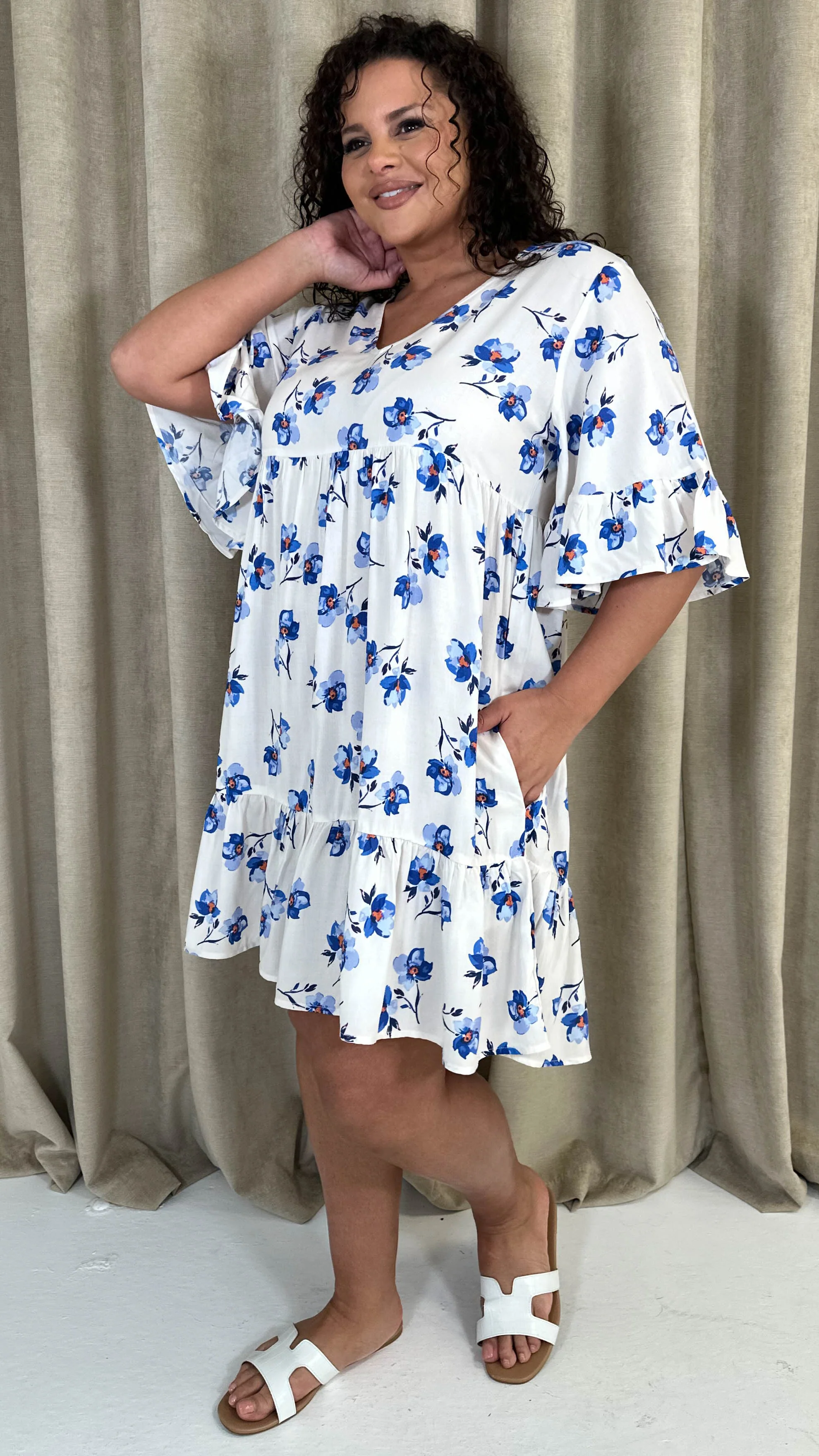 CurveWow Vneck Frill Sleeve Smock Dress Ivory Floral - Image 5