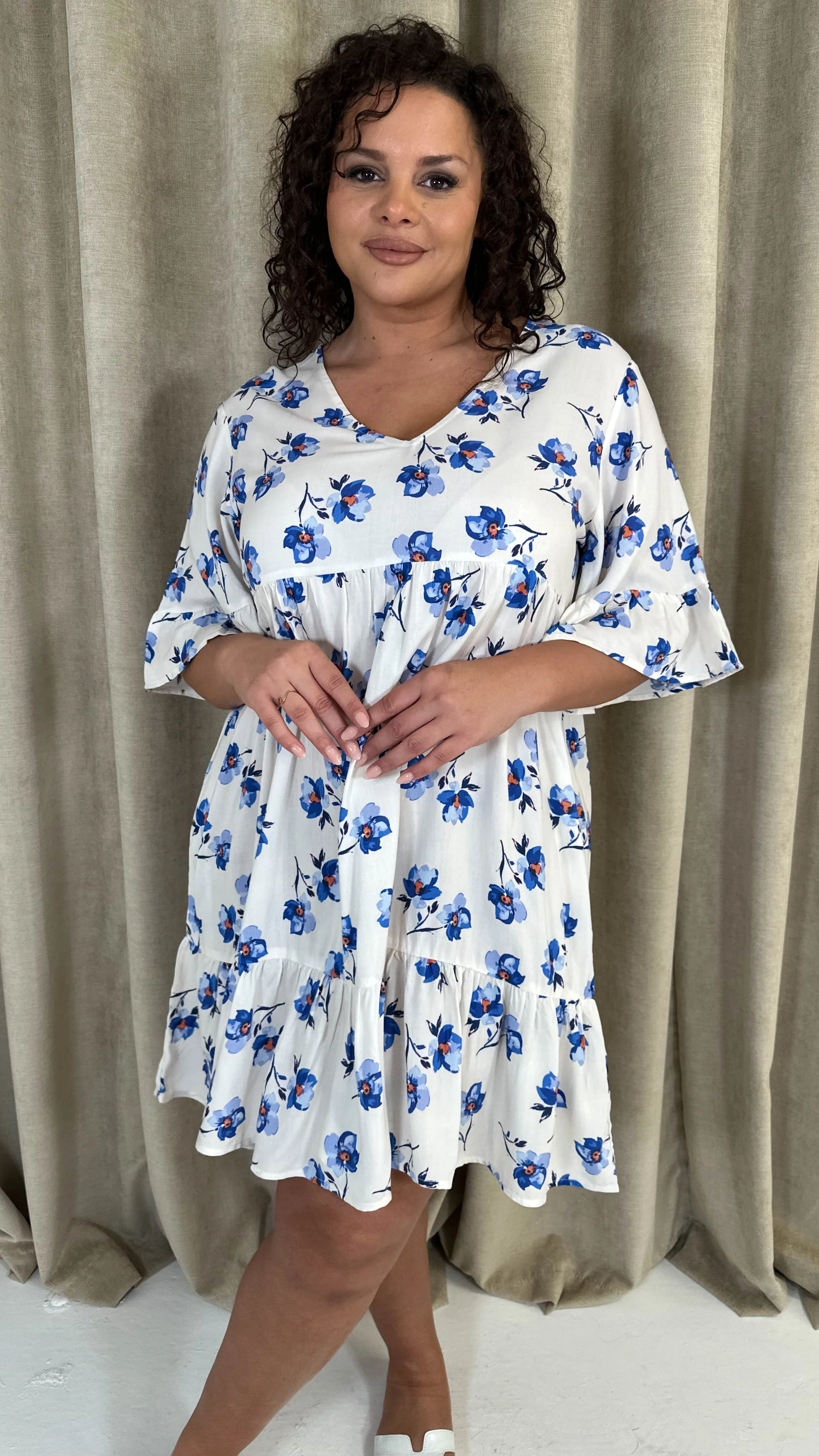 CurveWow Vneck Frill Sleeve Smock Dress Ivory Floral - Image 7