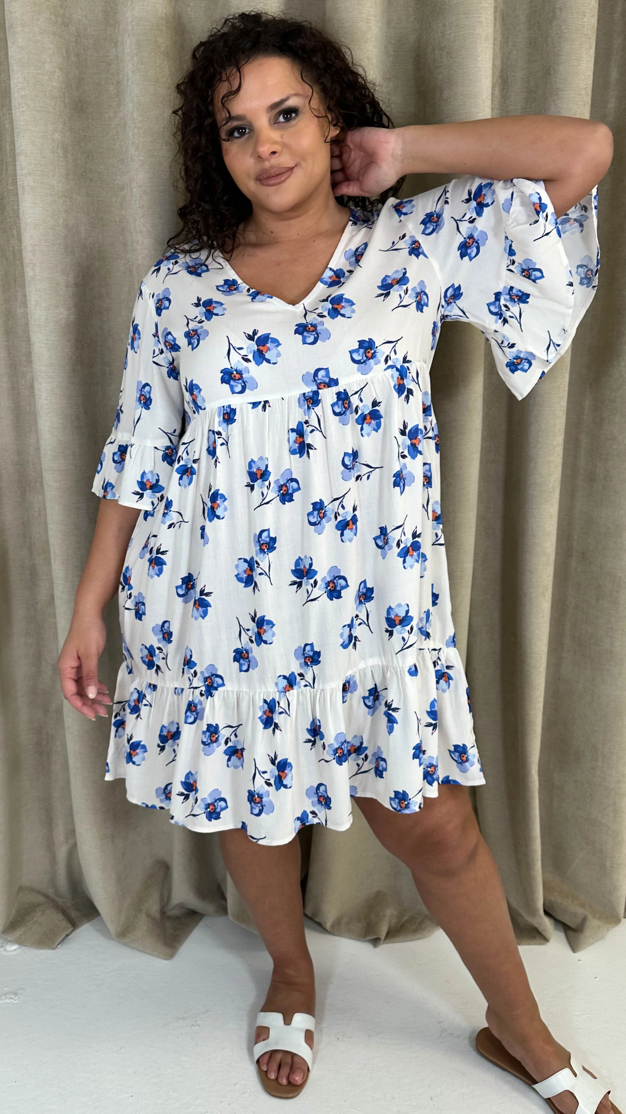 CurveWow Vneck Frill Sleeve Smock Dress Ivory Floral - Image 9