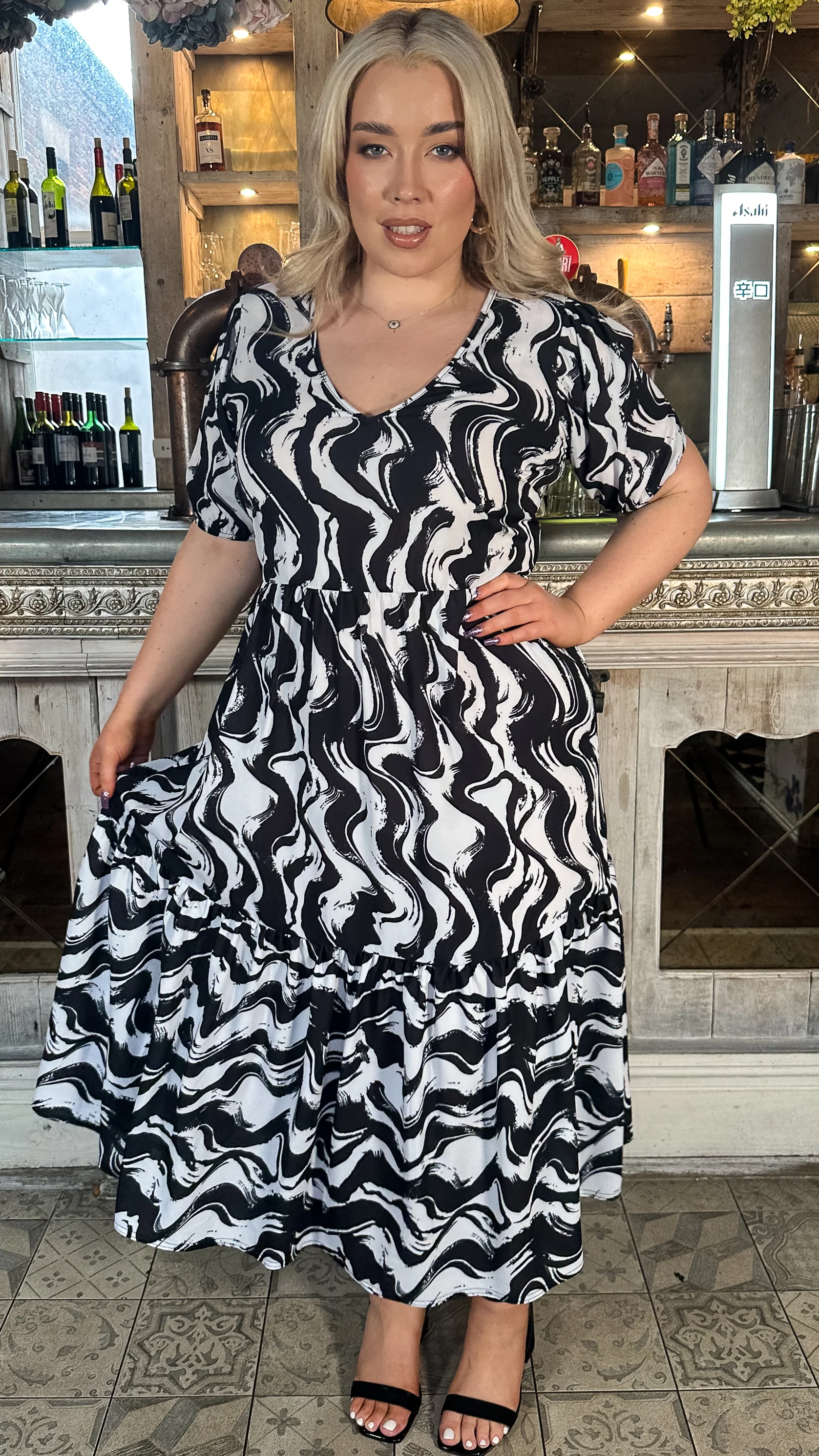 CurveWow VNeck Puff Sleeve Pocket Midi Dress Mono