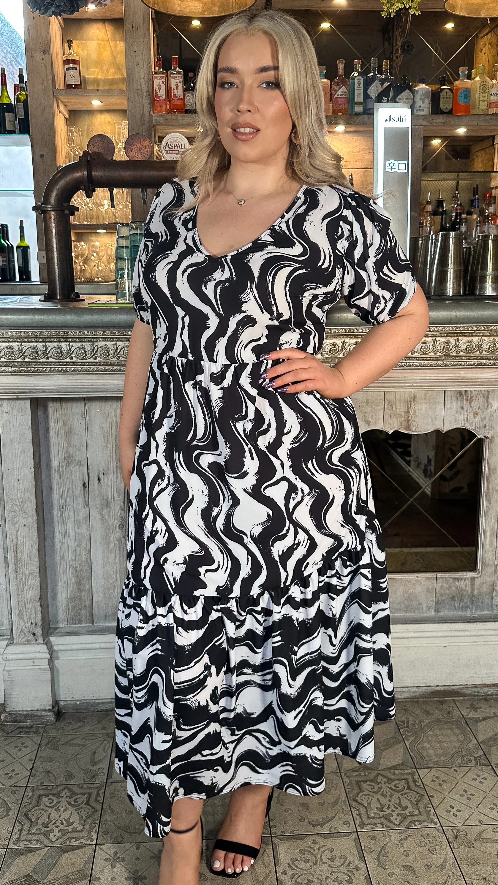 CurveWow VNeck Puff Sleeve Pocket Midi Dress Mono - Image 5