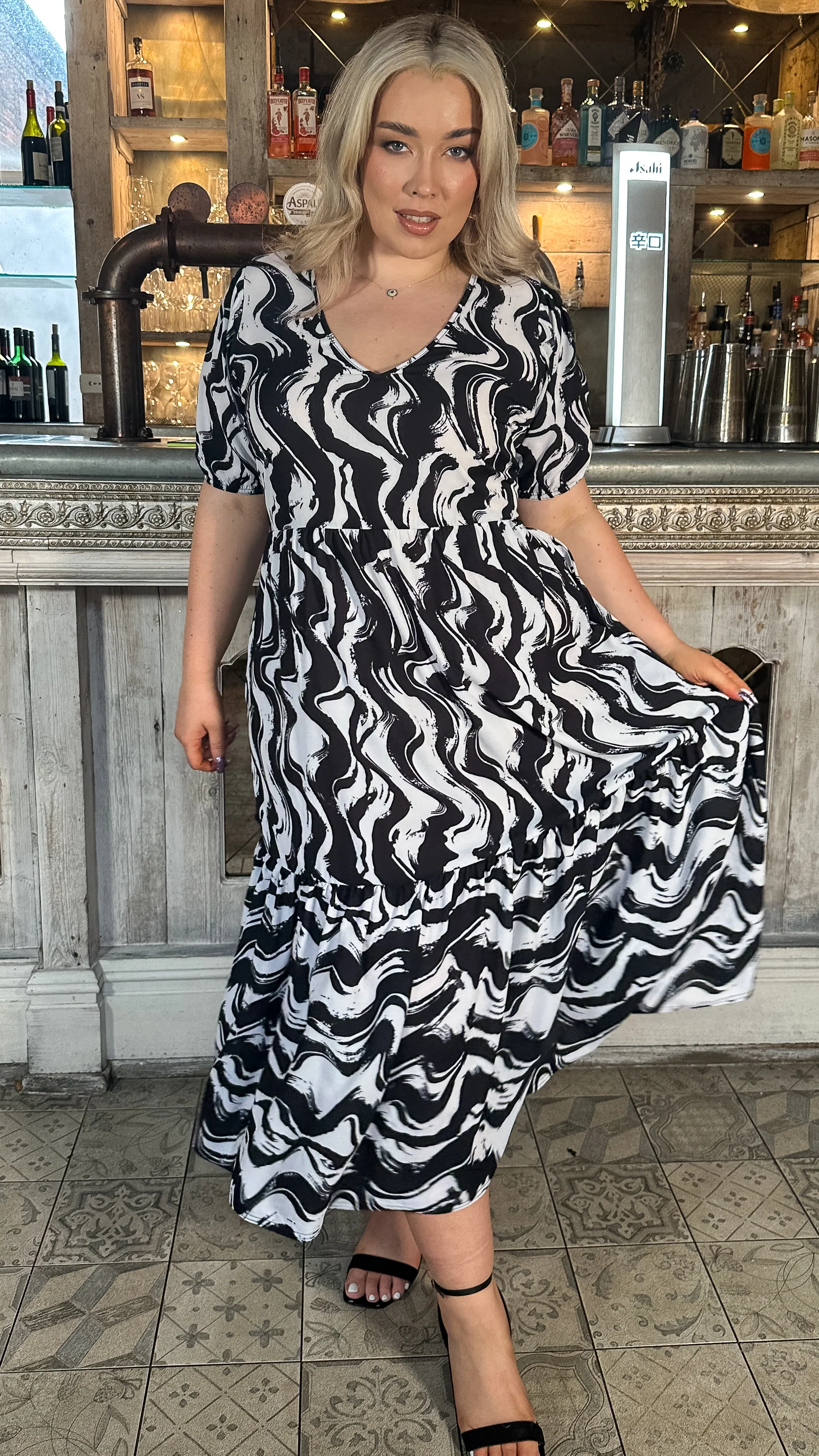 CurveWow VNeck Puff Sleeve Pocket Midi Dress Mono - Image 6