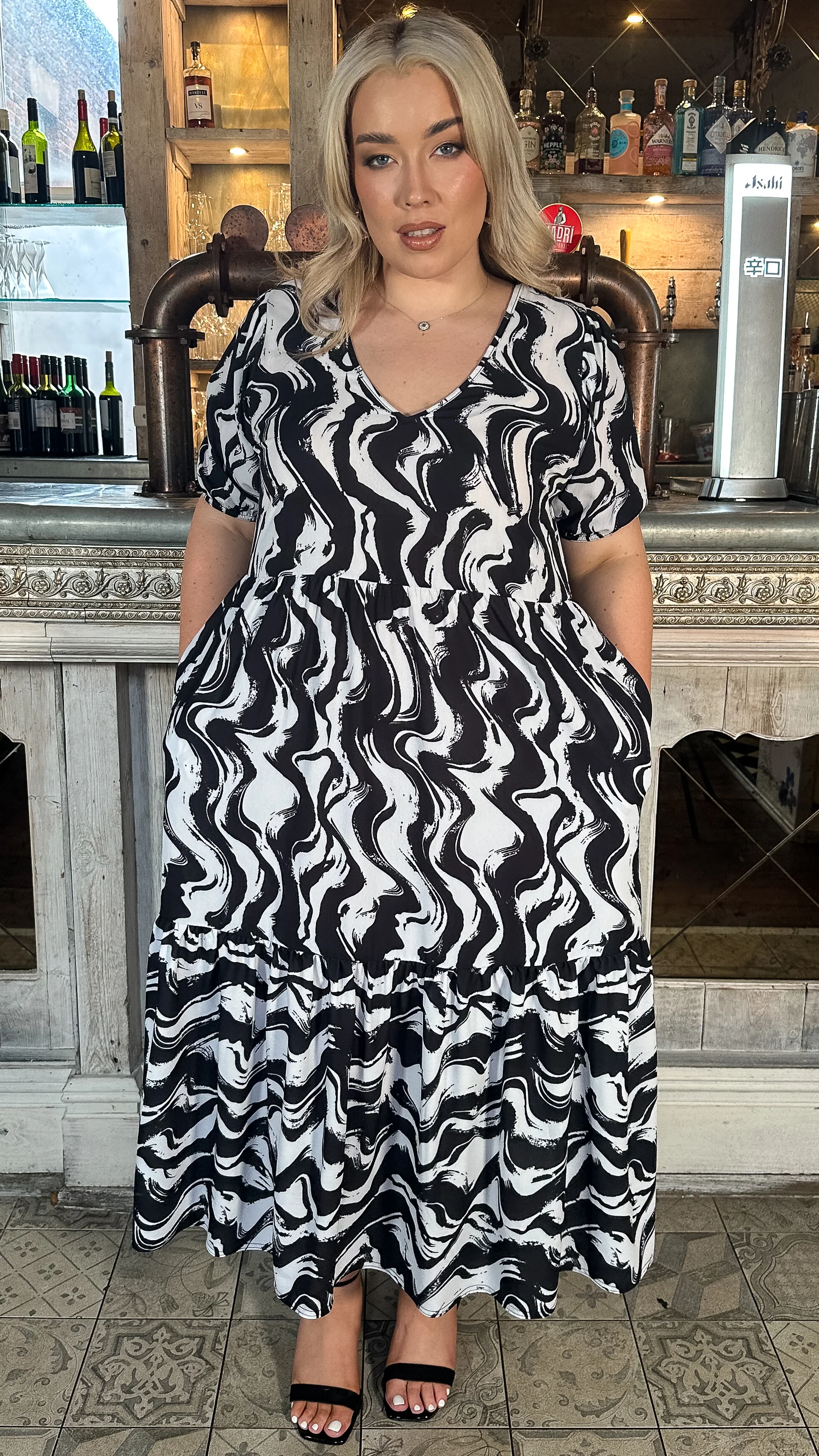CurveWow VNeck Puff Sleeve Pocket Midi Dress Mono - Image 7