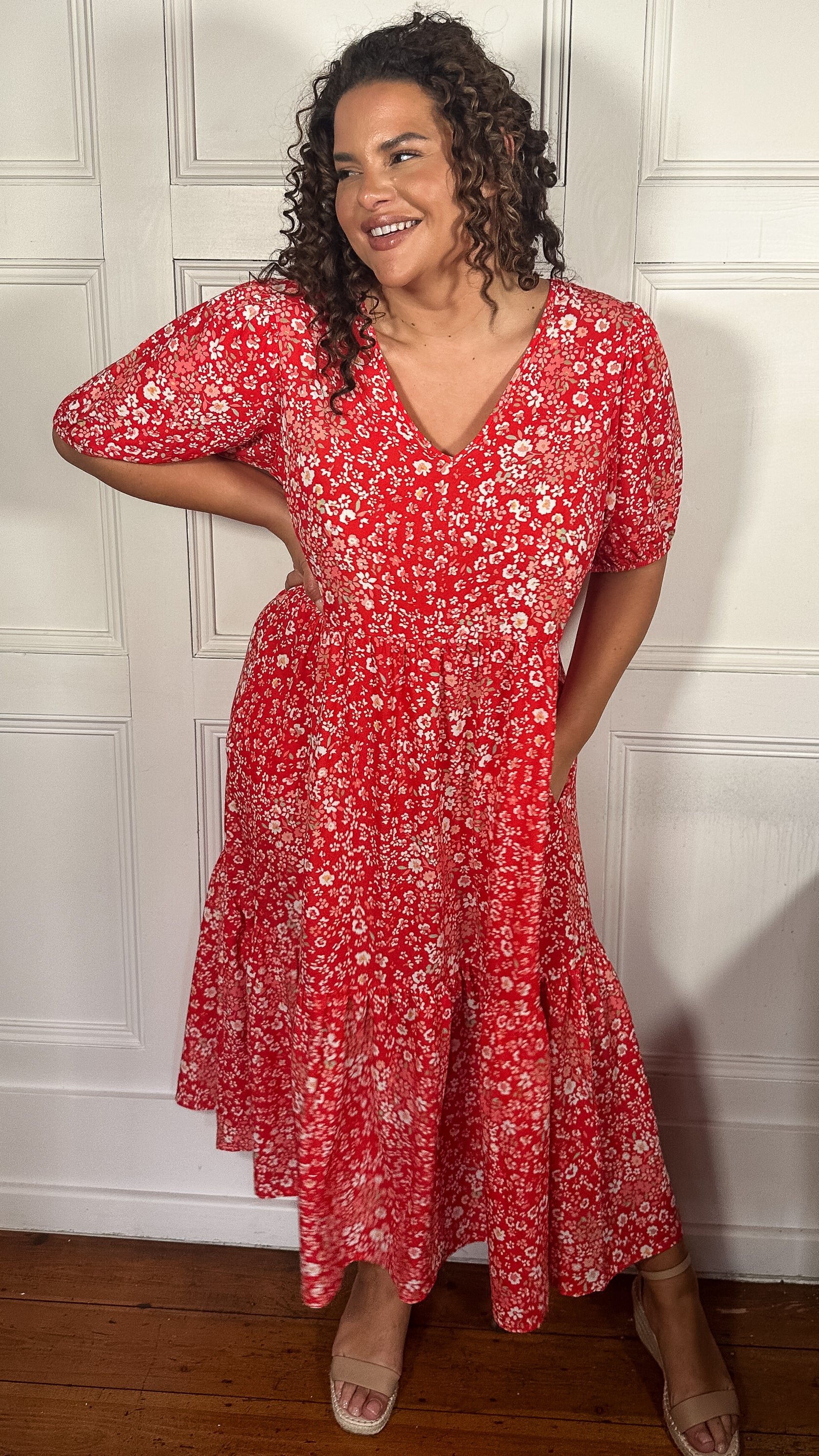 CurveWow VNeck Puff Sleeve Pocket Midi Dress Red Floral