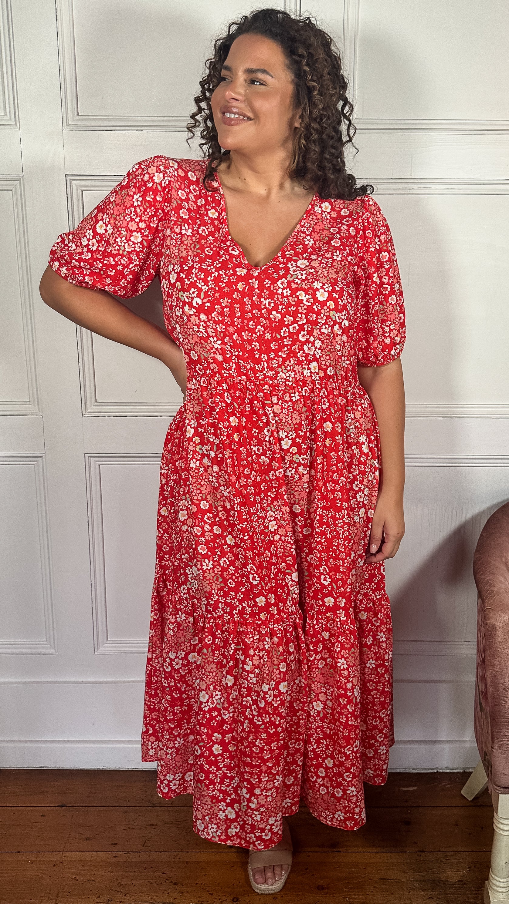 CurveWow VNeck Puff Sleeve Pocket Midi Dress Red Floral - Image 3