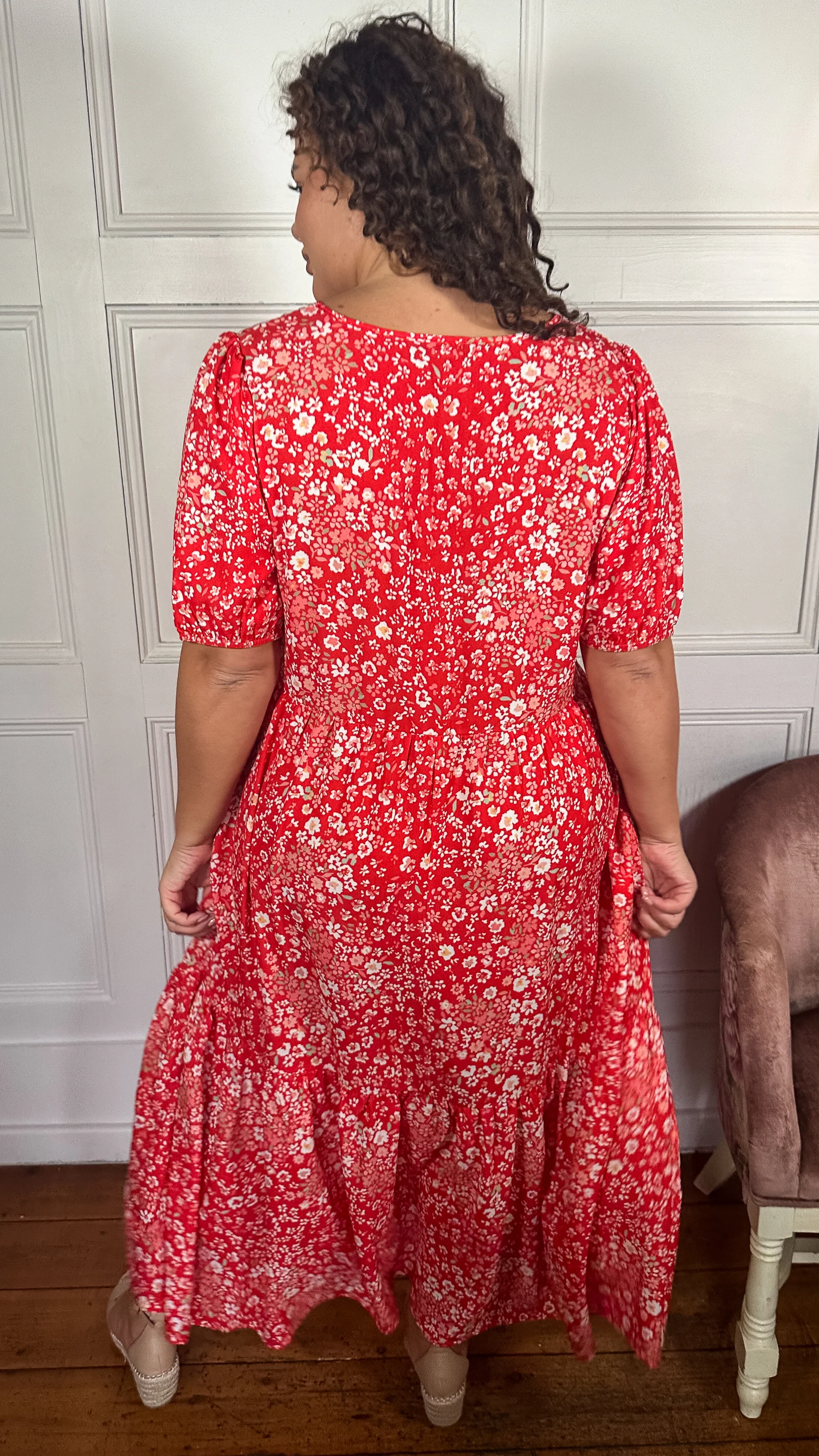 CurveWow VNeck Puff Sleeve Pocket Midi Dress Red Floral - Image 6