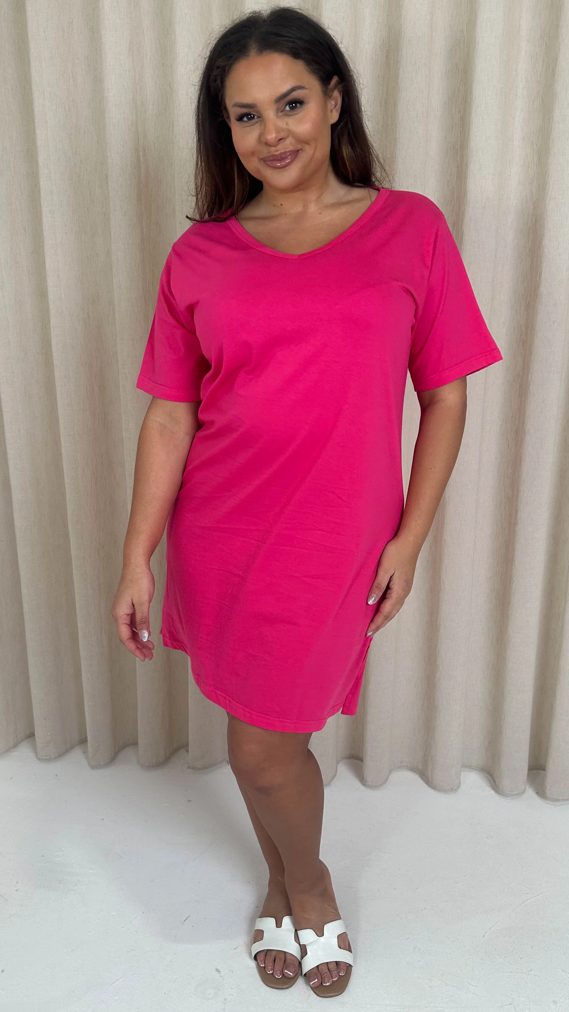 CurveWow V Neck Shirt Dress Fuchsia - Image 4