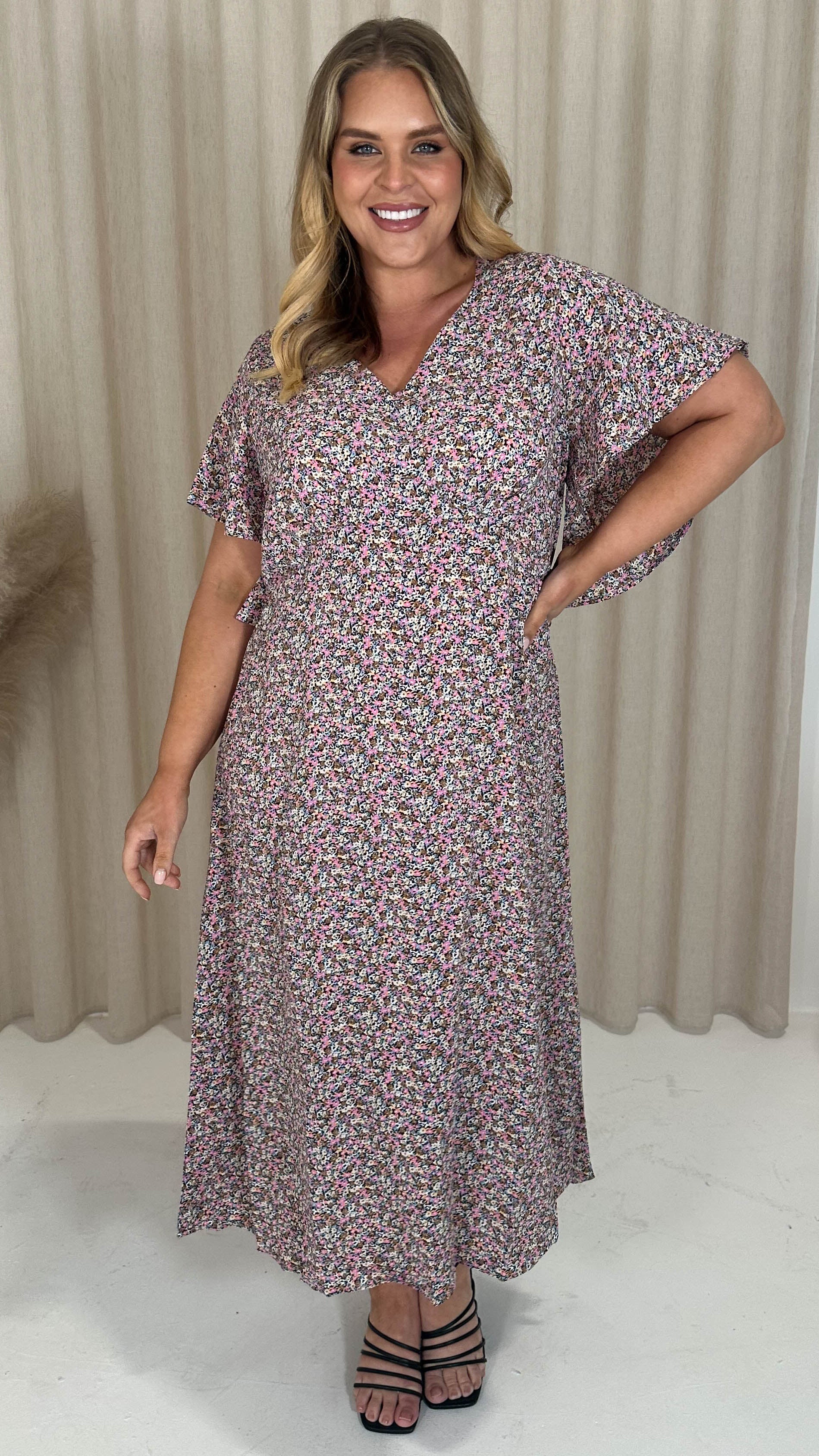 CurveWow Vneck Tie Back Midi Dress Pink Multi