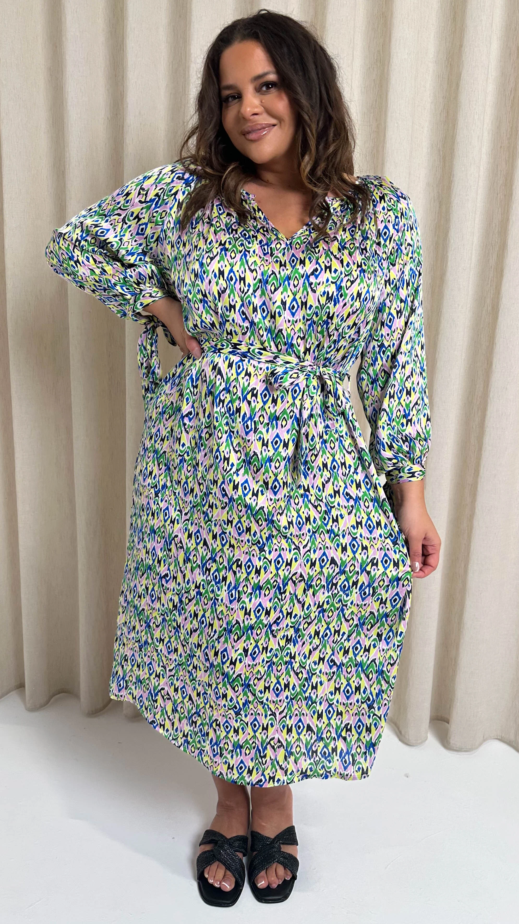 CurveWow V Neck Tie Waist Dress Multi Aztec - Image 4