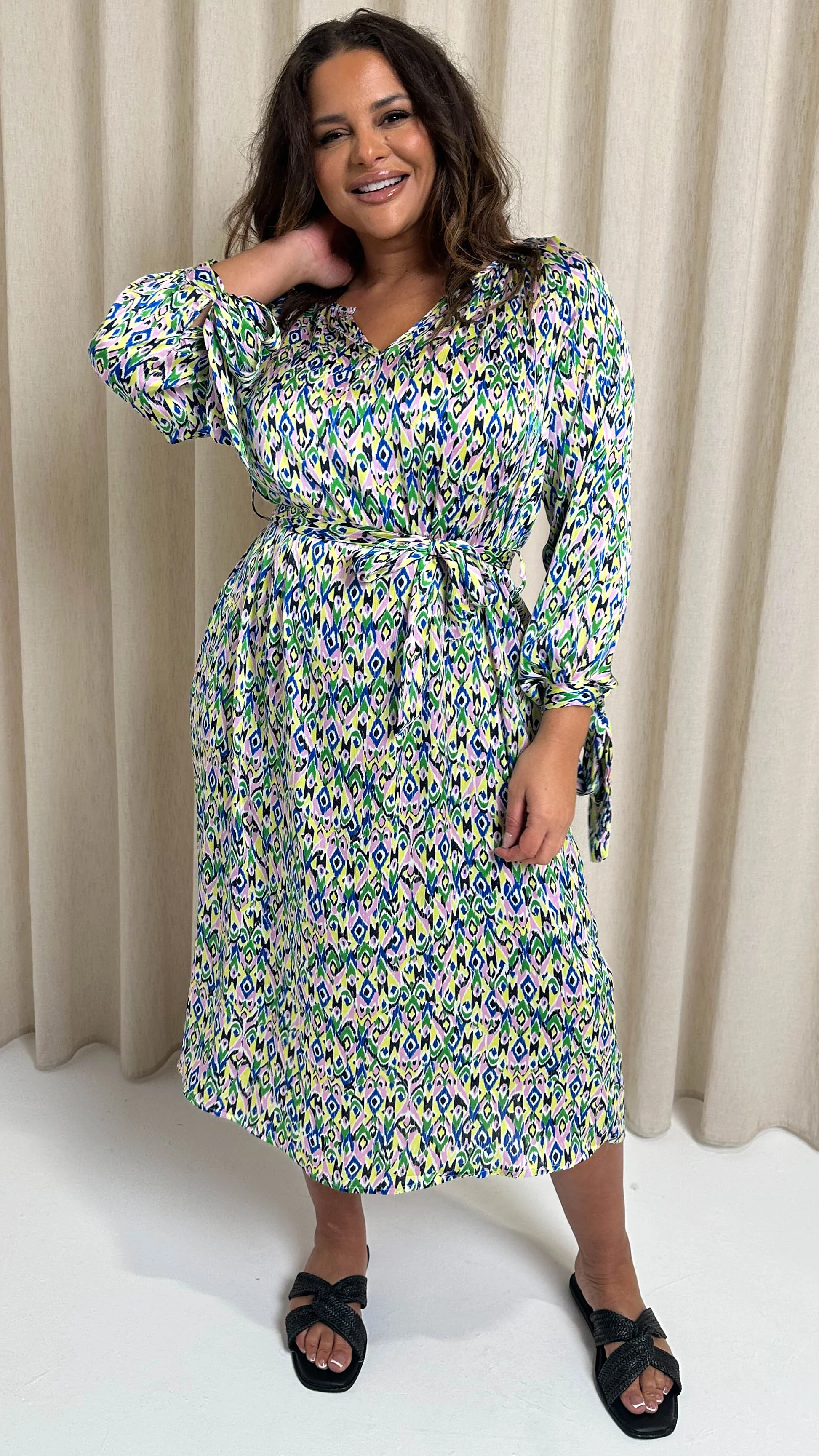 CurveWow V Neck Tie Waist Dress Multi Aztec - Image 5