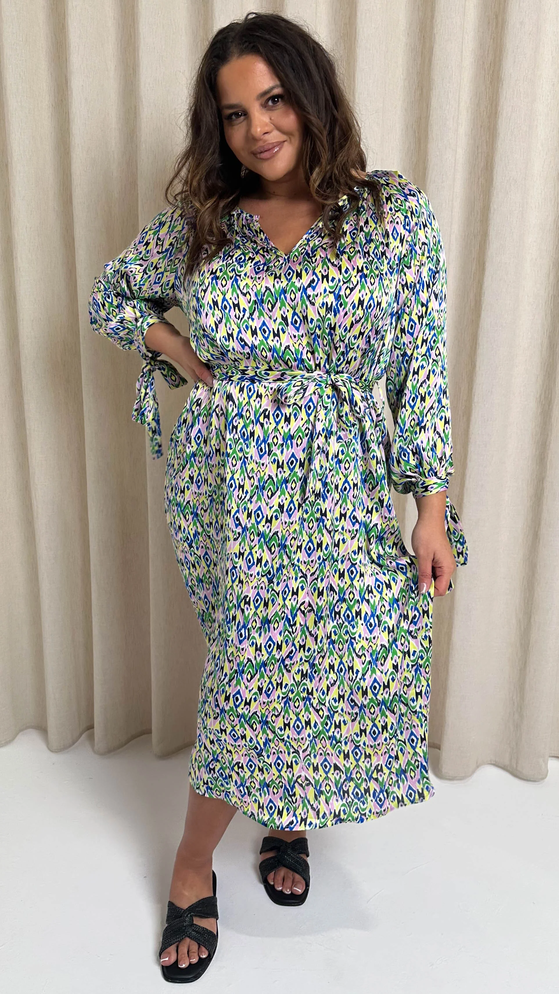 CurveWow V Neck Tie Waist Dress Multi Aztec - Image 6