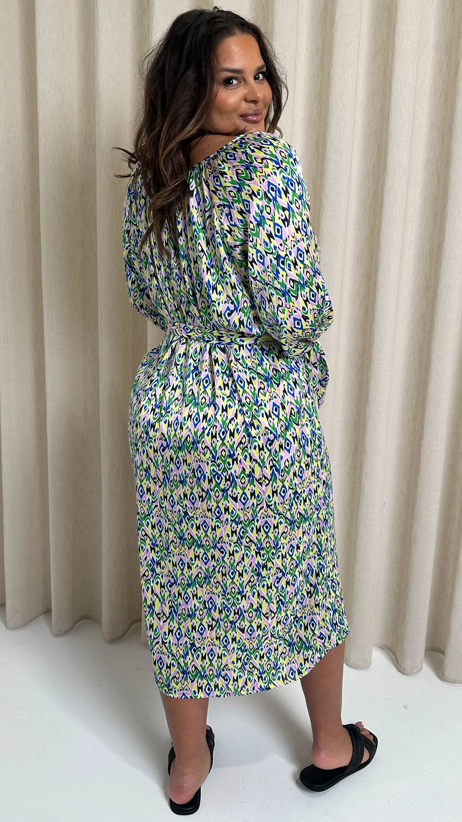 CurveWow V Neck Tie Waist Dress Multi Aztec - Image 7