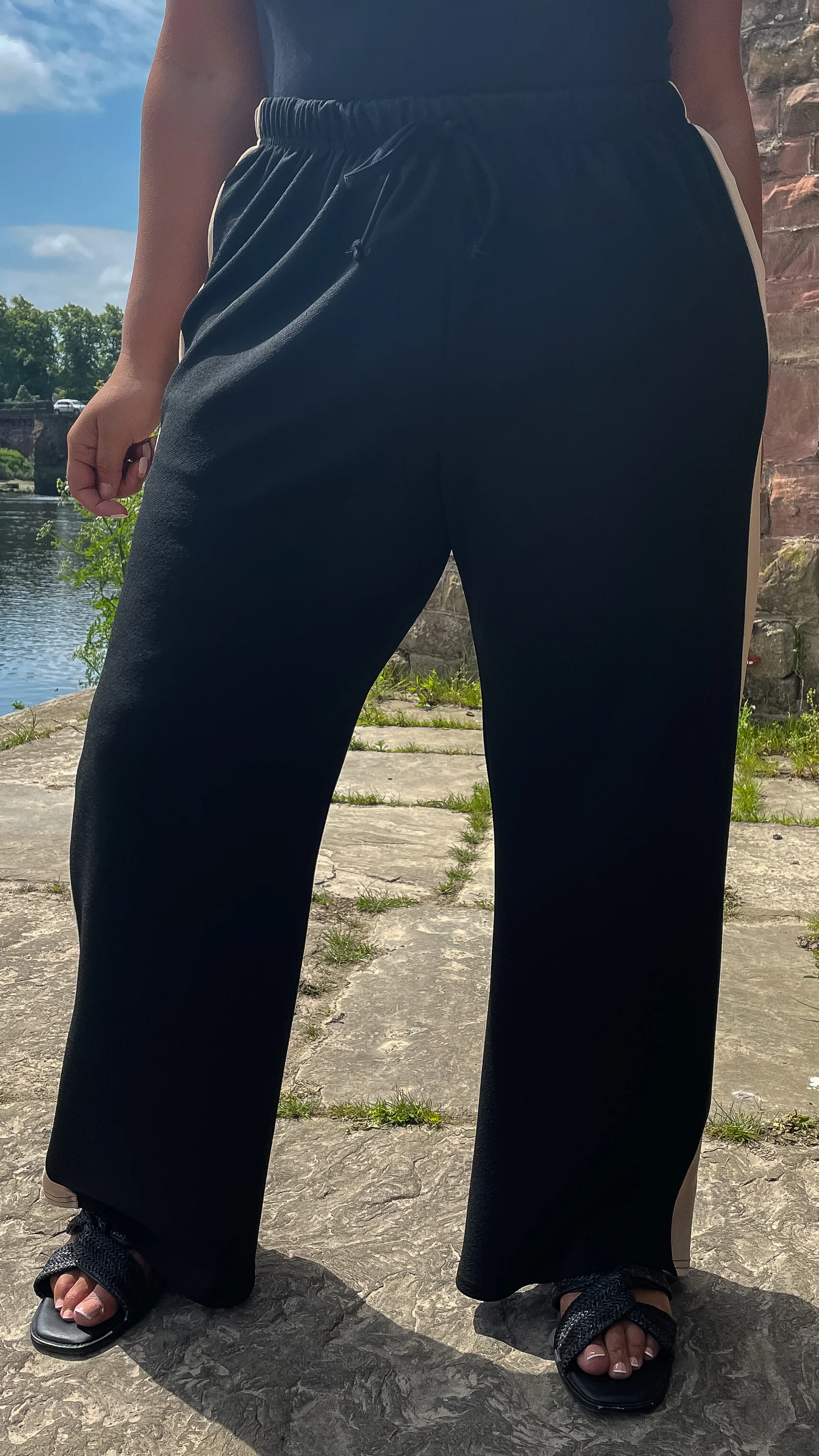 CurveWow Black Wide Leg Colour Block Side Trouser