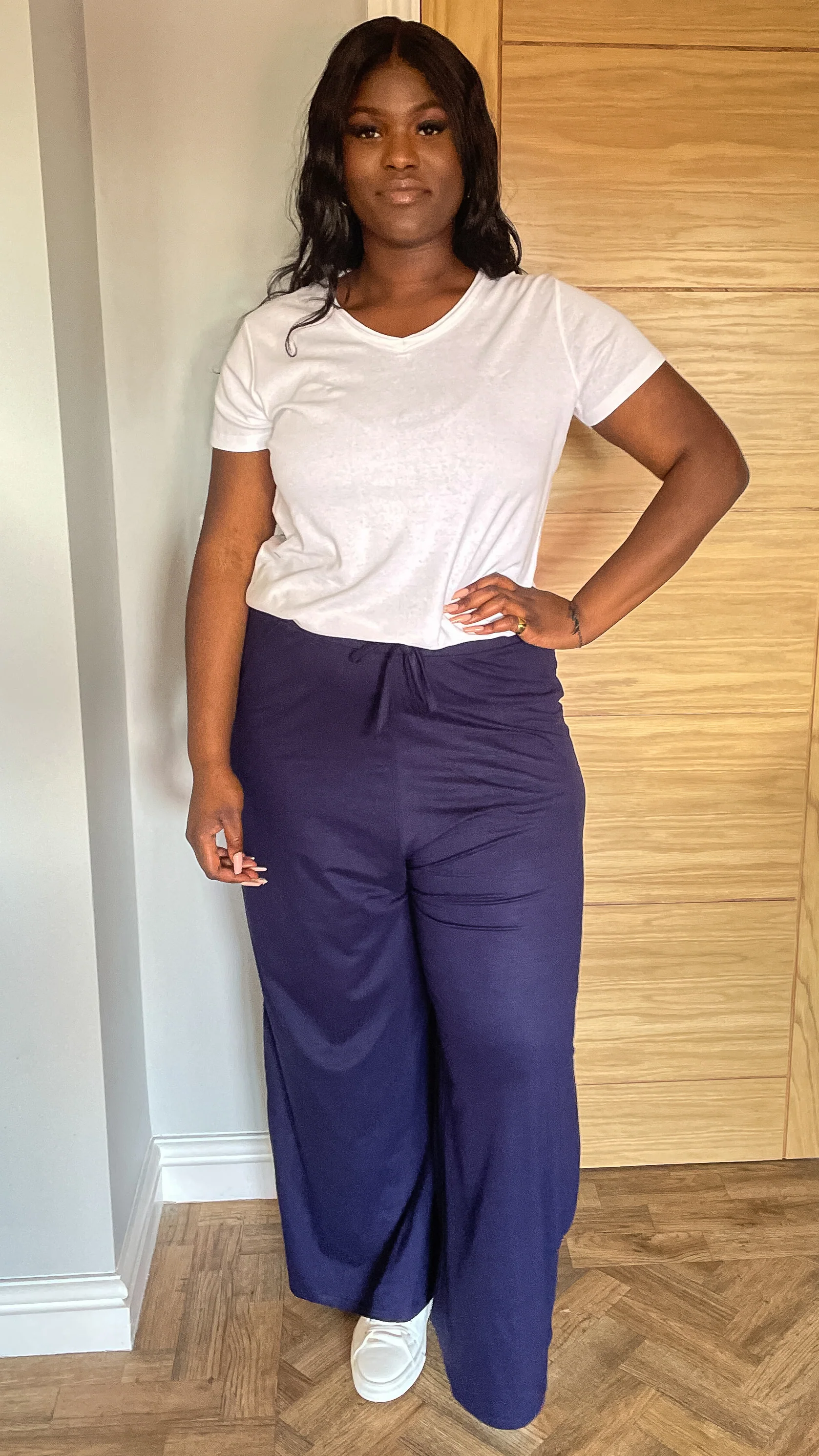 CurveWow Wide Leg Pull On Trousers Navy - Image 5