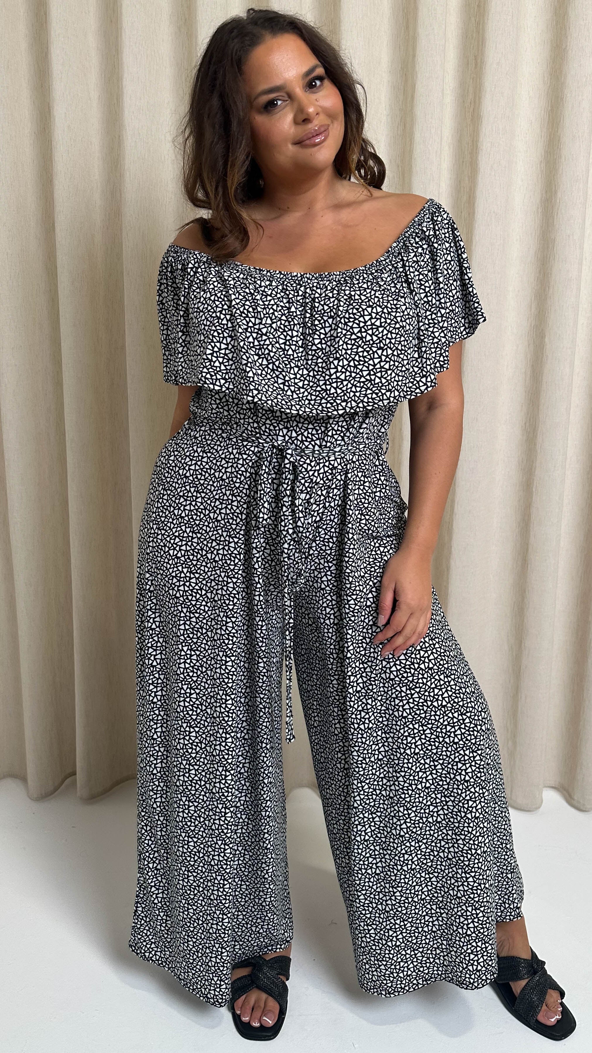 CurveWow Wide Leg Self Tie Frill Bardot Jumpsuit Geo Mono - Image 3