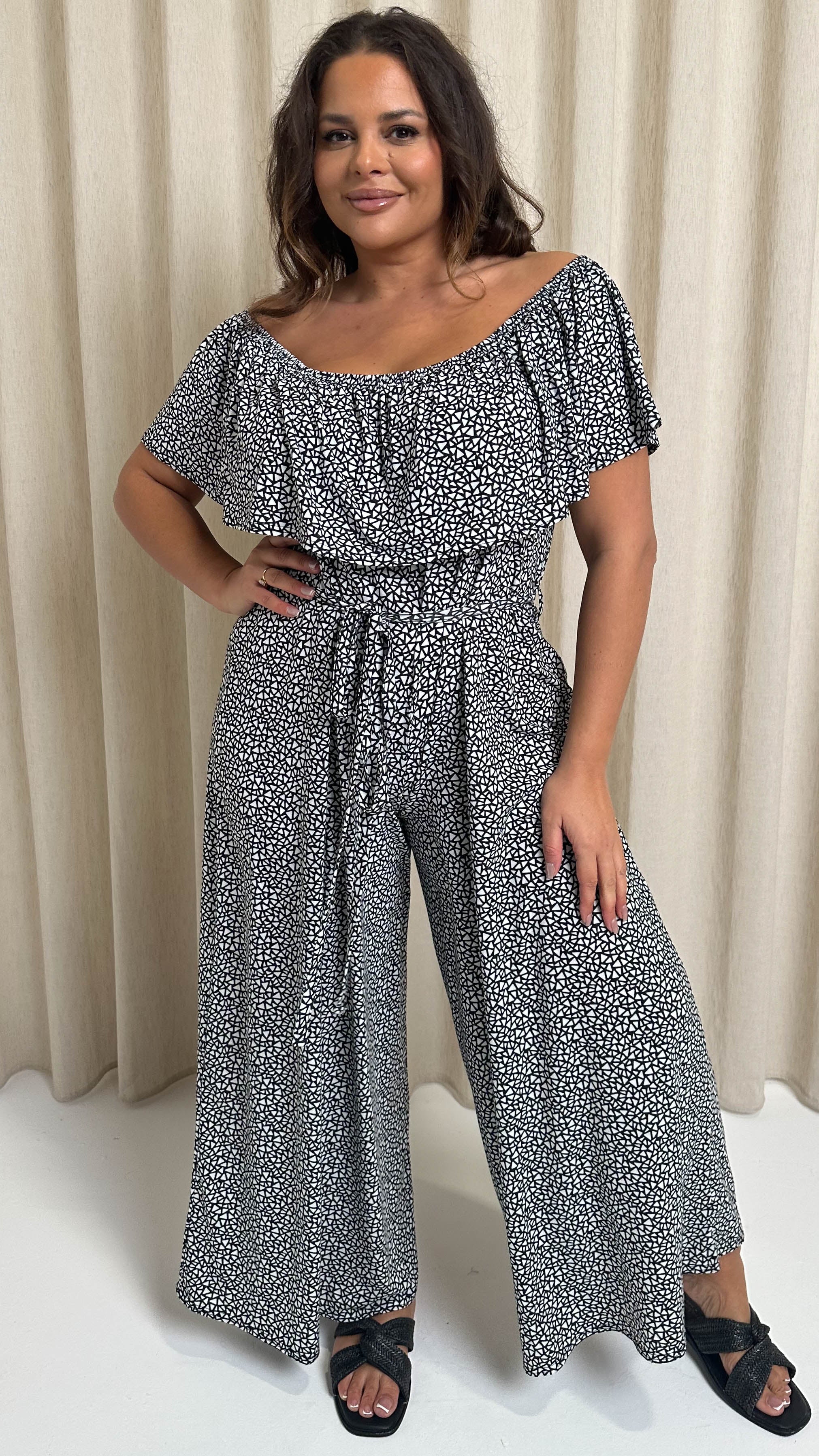 CurveWow Wide Leg Self Tie Frill Bardot Jumpsuit Geo Mono - Image 5