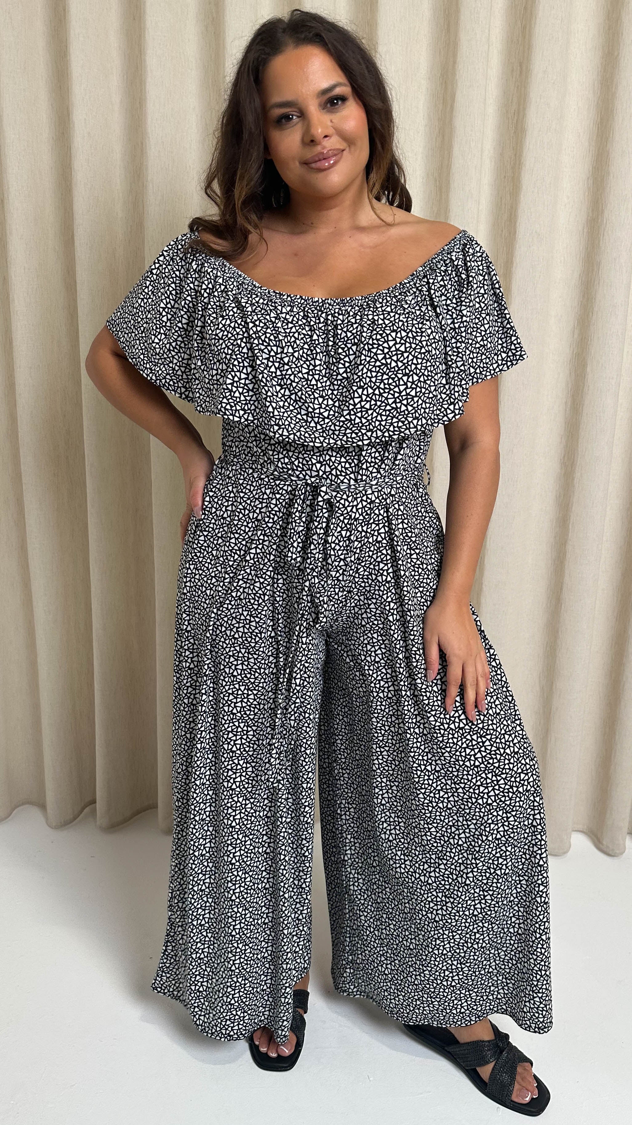 CurveWow Wide Leg Self Tie Frill Bardot Jumpsuit Geo Mono - Image 6
