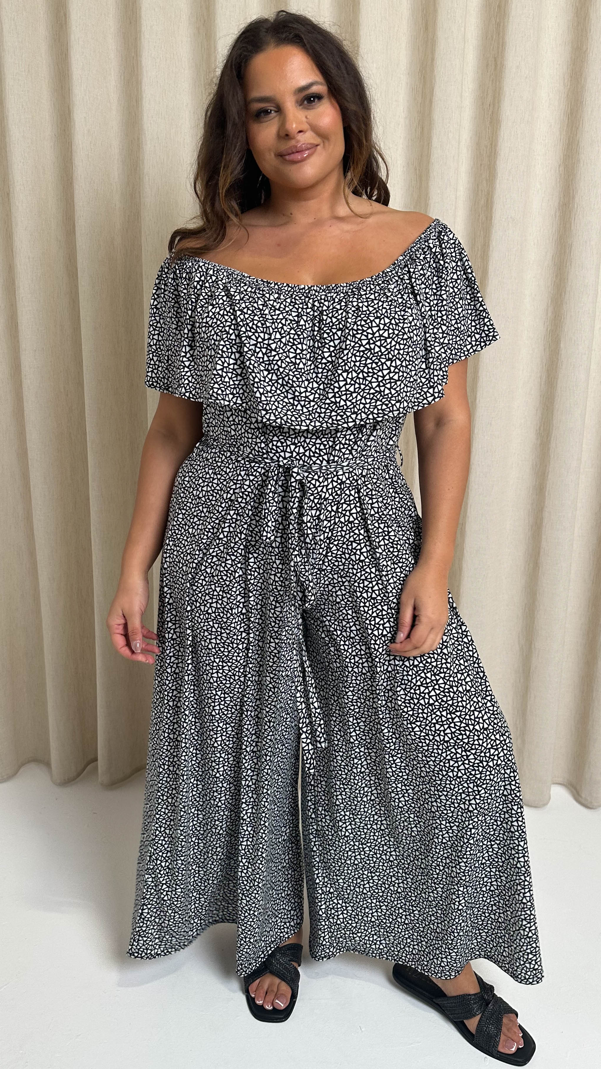 CurveWow Wide Leg Self Tie Frill Bardot Jumpsuit Geo Mono - Image 7