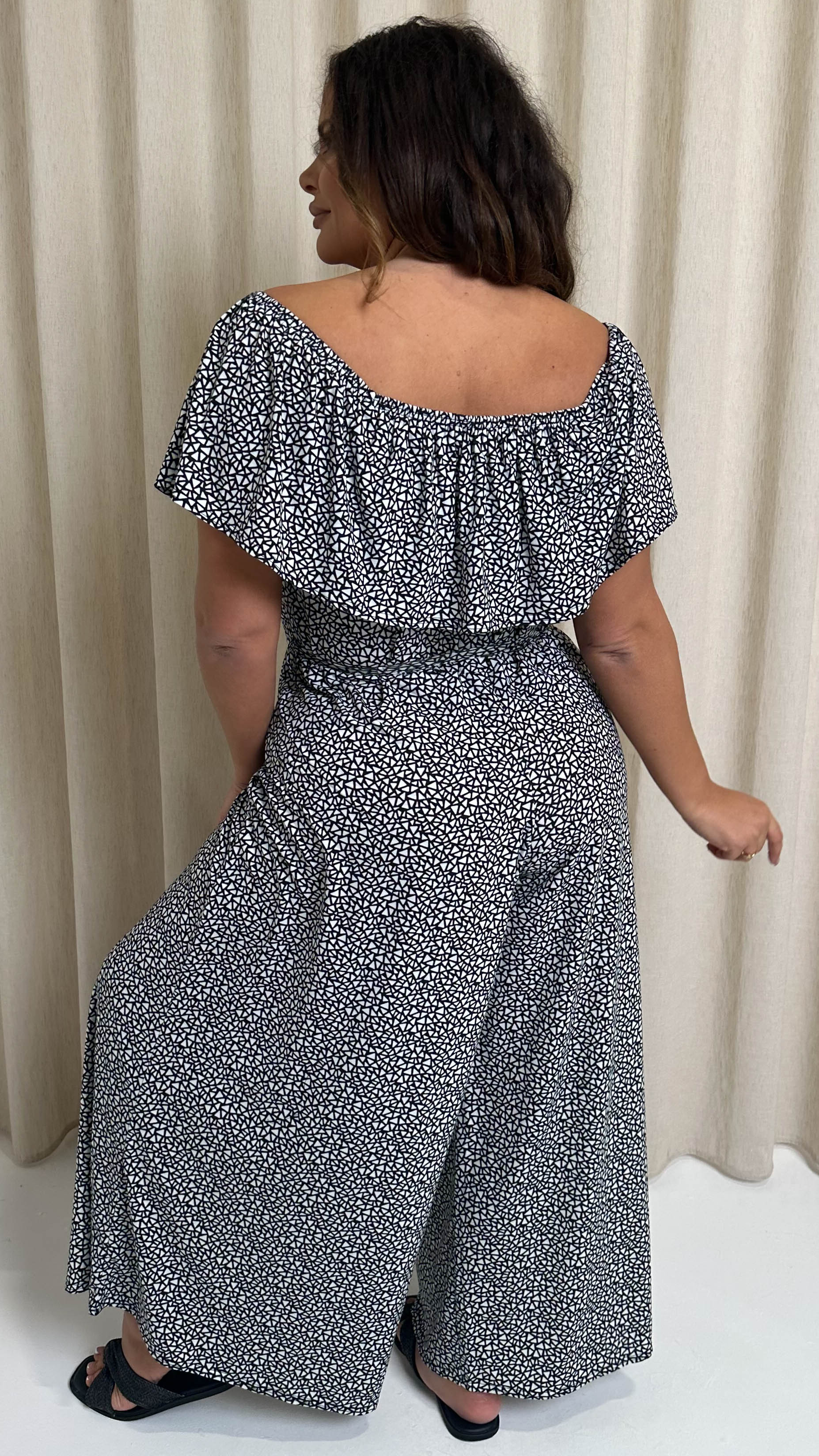 CurveWow Wide Leg Self Tie Frill Bardot Jumpsuit Geo Mono - Image 8