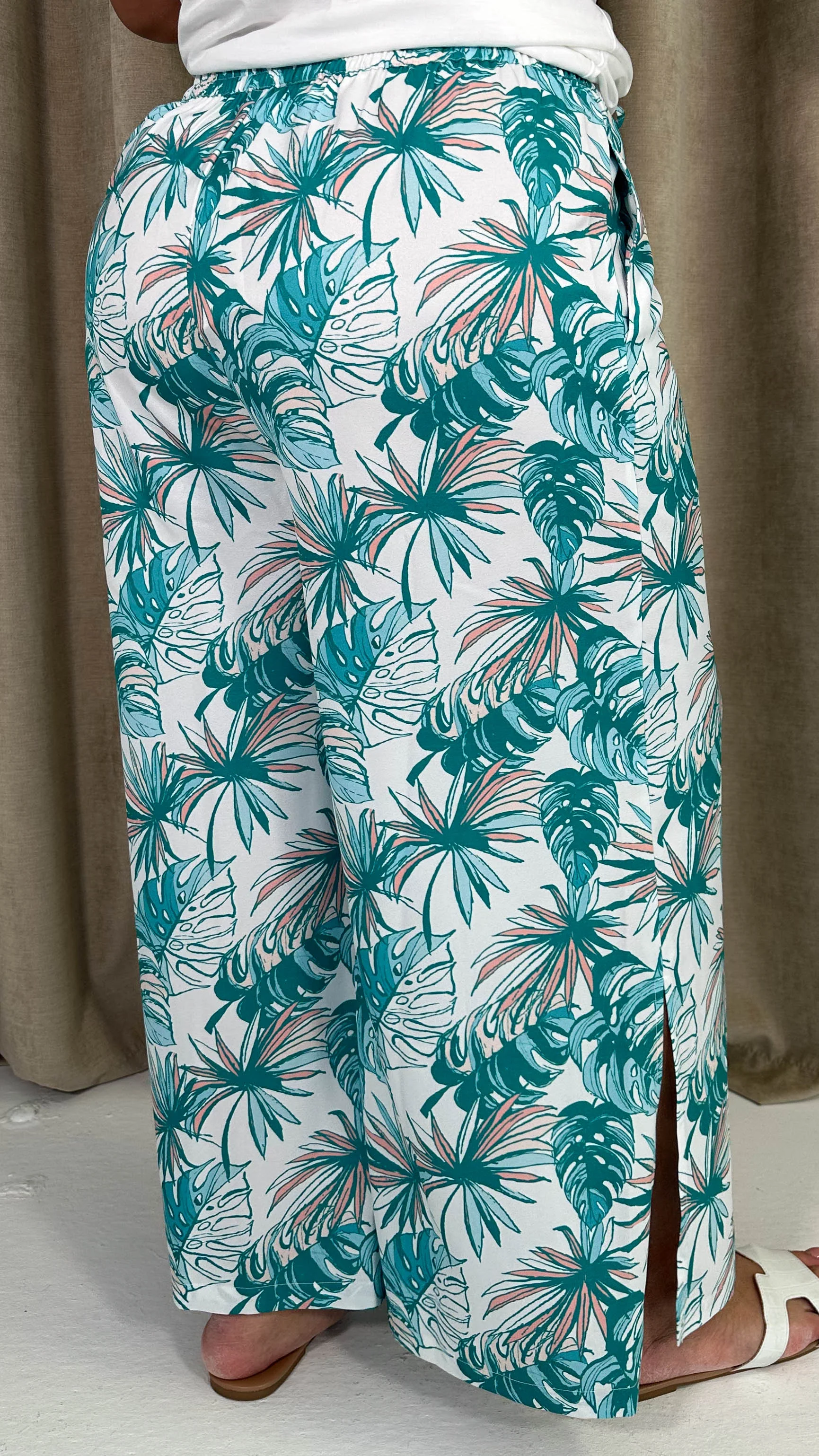 CurveWow Wide Leg Trousers Green & White Palm Leaves - Image 8